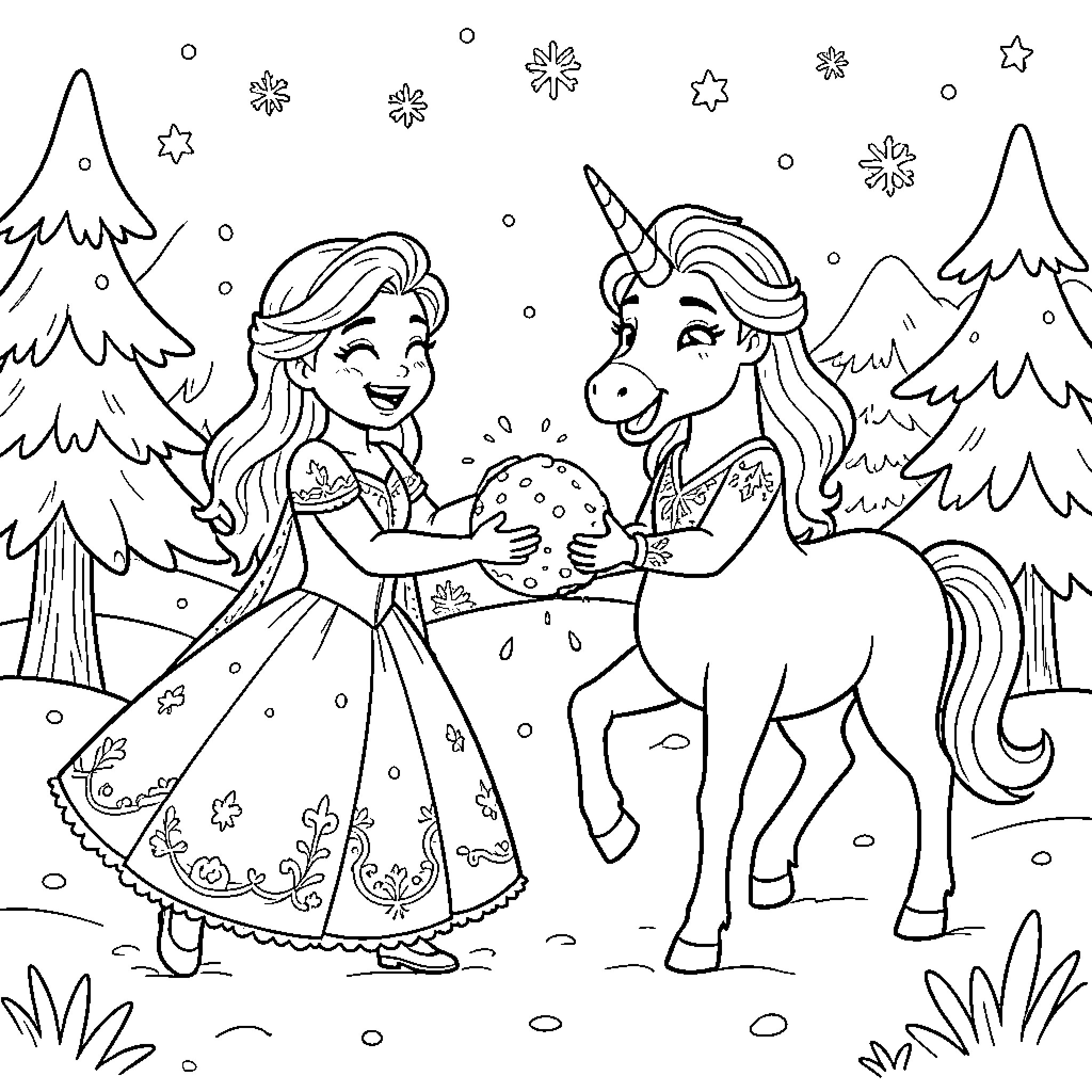 Elsa sharing a treat with a magical unicorn Coloring Page (free black-and-white line drawing printable PDF for all, from beginners to advanced learners, including children, teens, adults, and seniors)