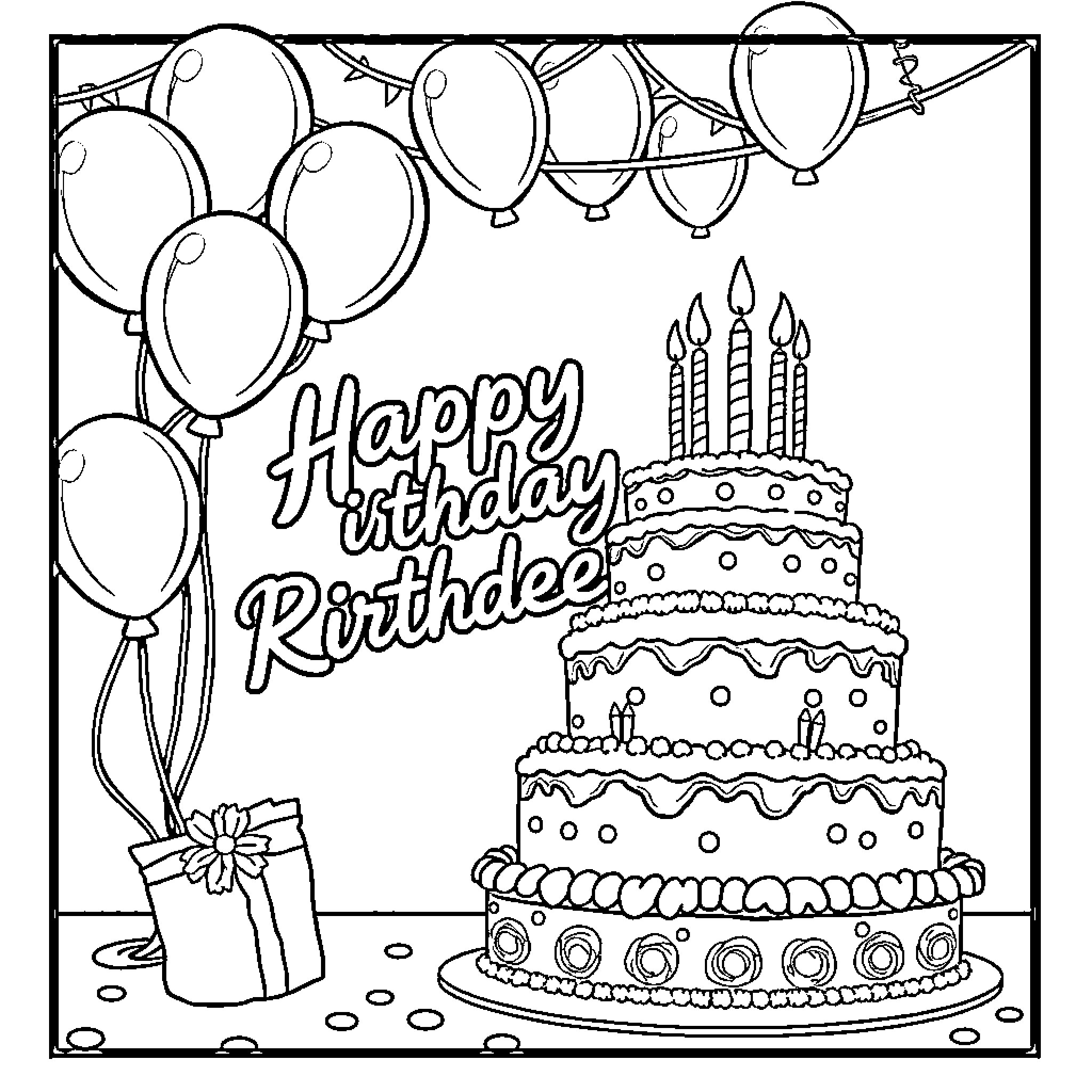 Birthday celebration with cake, balloons, and gifts Coloring Page (free black-and-white line drawing printable PDF for all, from beginners to advanced learners, including children, teens, adults, and seniors)