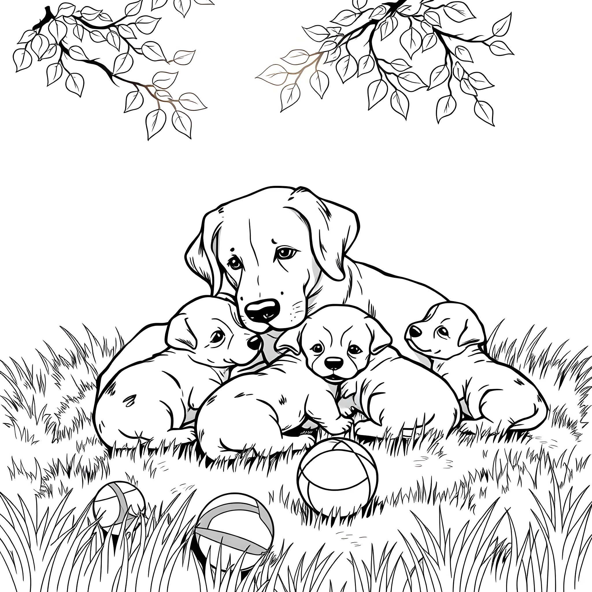 Dog and Puppies Playing in the Grass Coloring Page (free black-and-white line drawing printable PDF for all, from beginners to advanced learners, including children, teens, adults, and seniors)