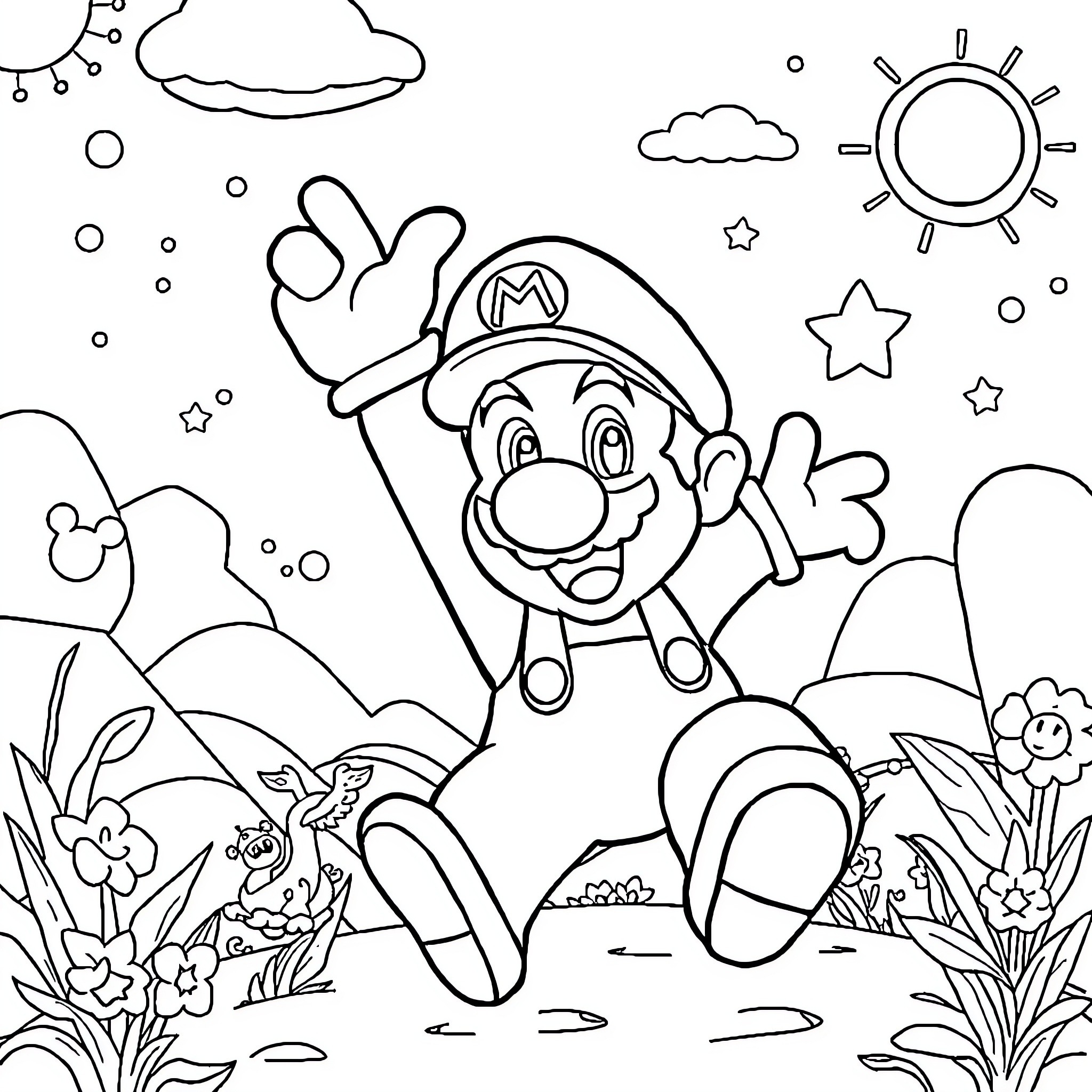 Mario having fun in a whimsical landscape Coloring Page (free black-and-white line drawing printable PDF for all, from beginners to advanced learners, including children, teens, adults, and seniors)