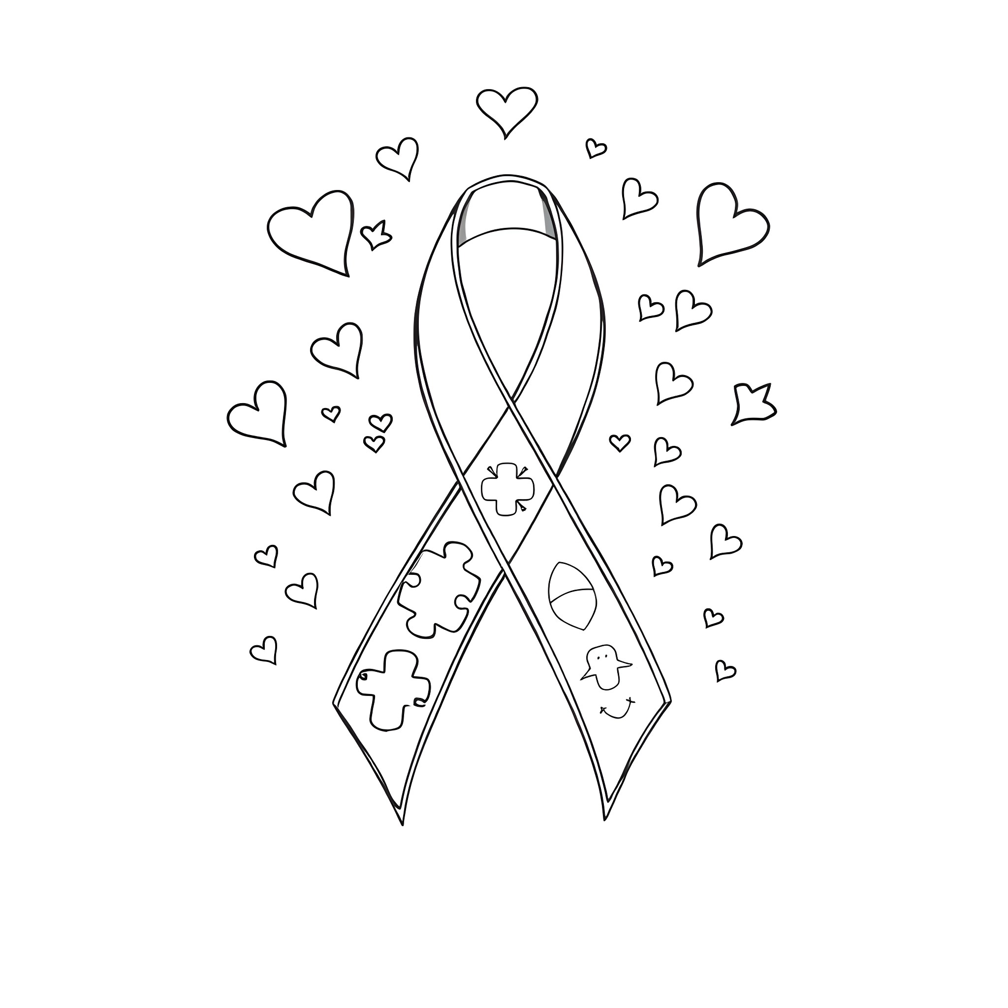 Awareness Ribbon surrounded by hearts Coloring Page (free black-and-white line drawing printable PDF for all, from beginners to advanced learners, including children, teens, adults, and seniors)