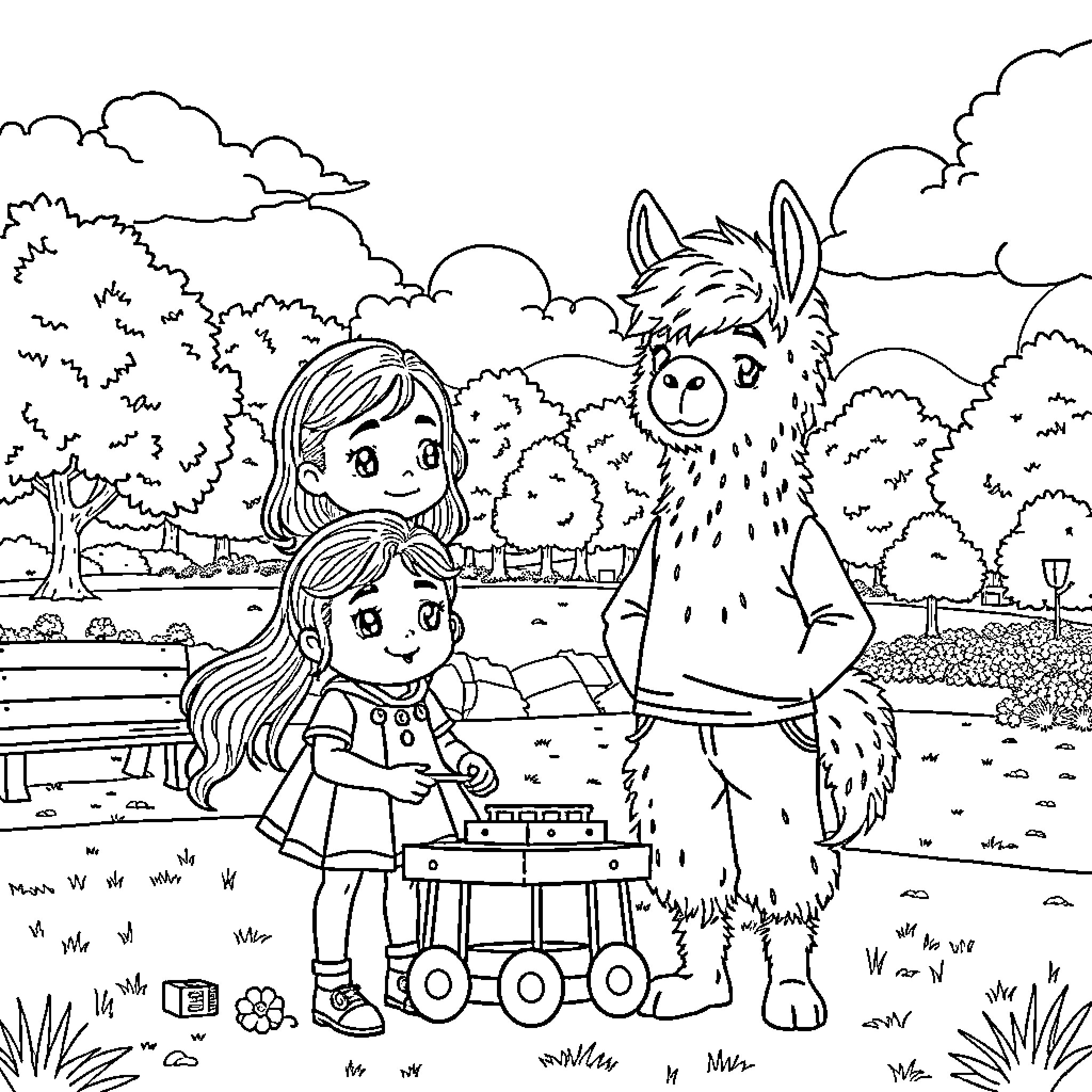 Napoleon and the Llama on the Farm Coloring Page (free black-and-white line drawing printable PDF for all, from beginners to advanced learners, including children, teens, adults, and seniors)