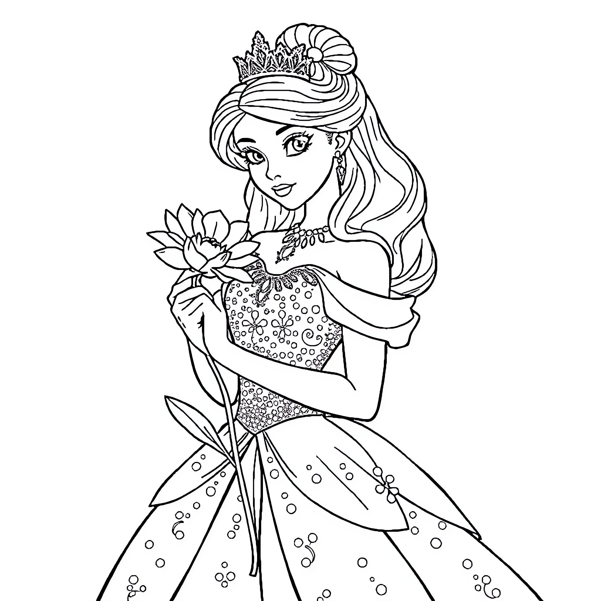 Princess admiring a beautiful flower Coloring Page (free black-and-white line drawing printable PDF for all, from beginners to advanced learners, including children, teens, adults, and seniors)