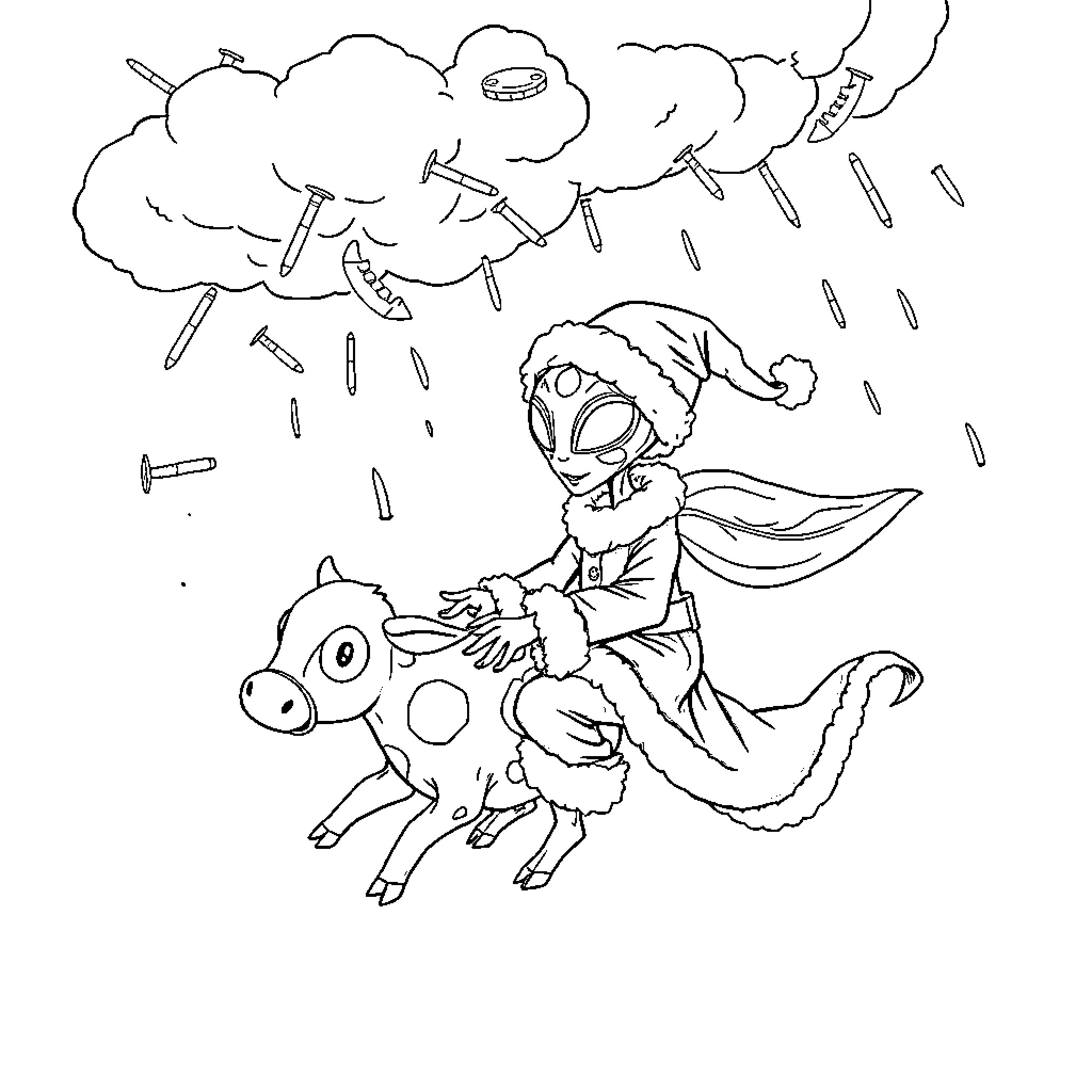 Alien riding a mystical creature in a stormy sky Coloring Page (free black-and-white line drawing printable PDF for all, from beginners to advanced learners, including children, teens, adults, and seniors)