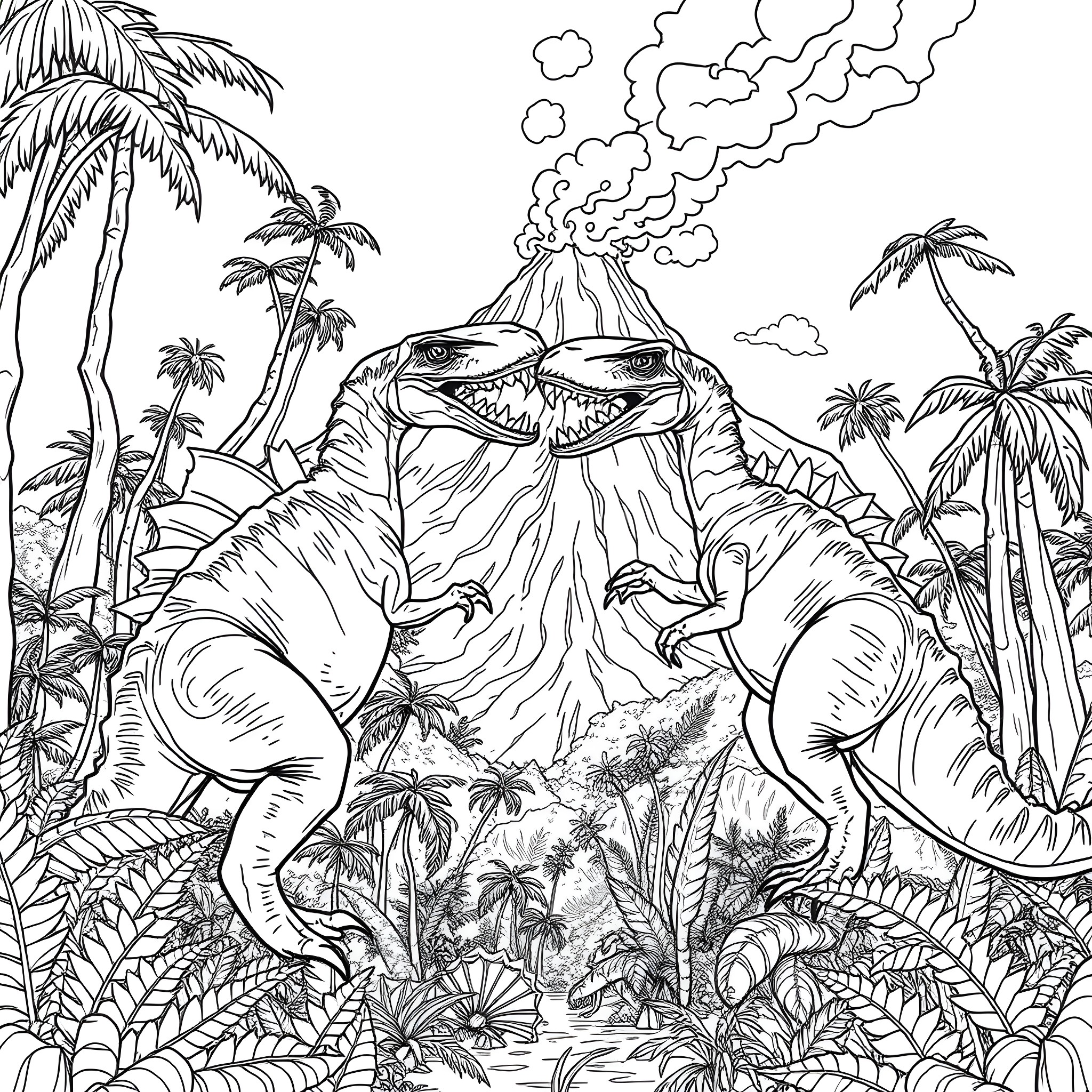 Dinosaurs in a Prehistoric Landscape Coloring Page (free black-and-white line drawing printable PDF for all, from beginners to advanced learners, including children, teens, adults, and seniors)