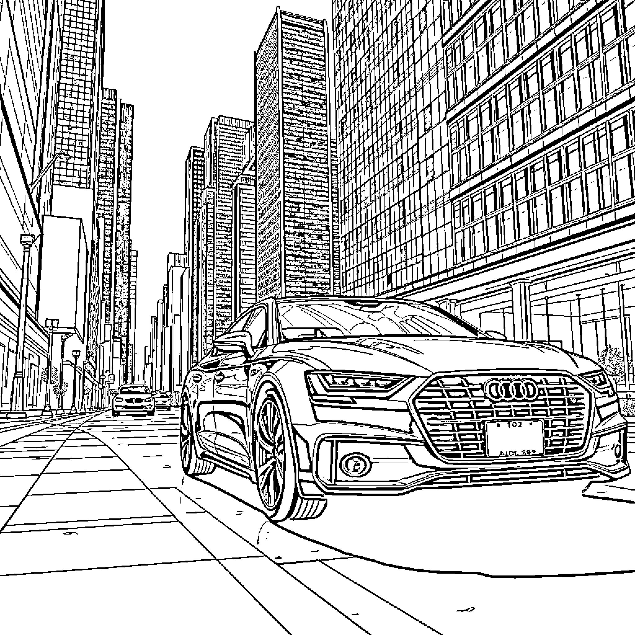 Audi luxury vehicle in urban city landscape Coloring Page (free black-and-white line drawing printable PDF for all, from beginners to advanced learners, including children, teens, adults, and seniors)