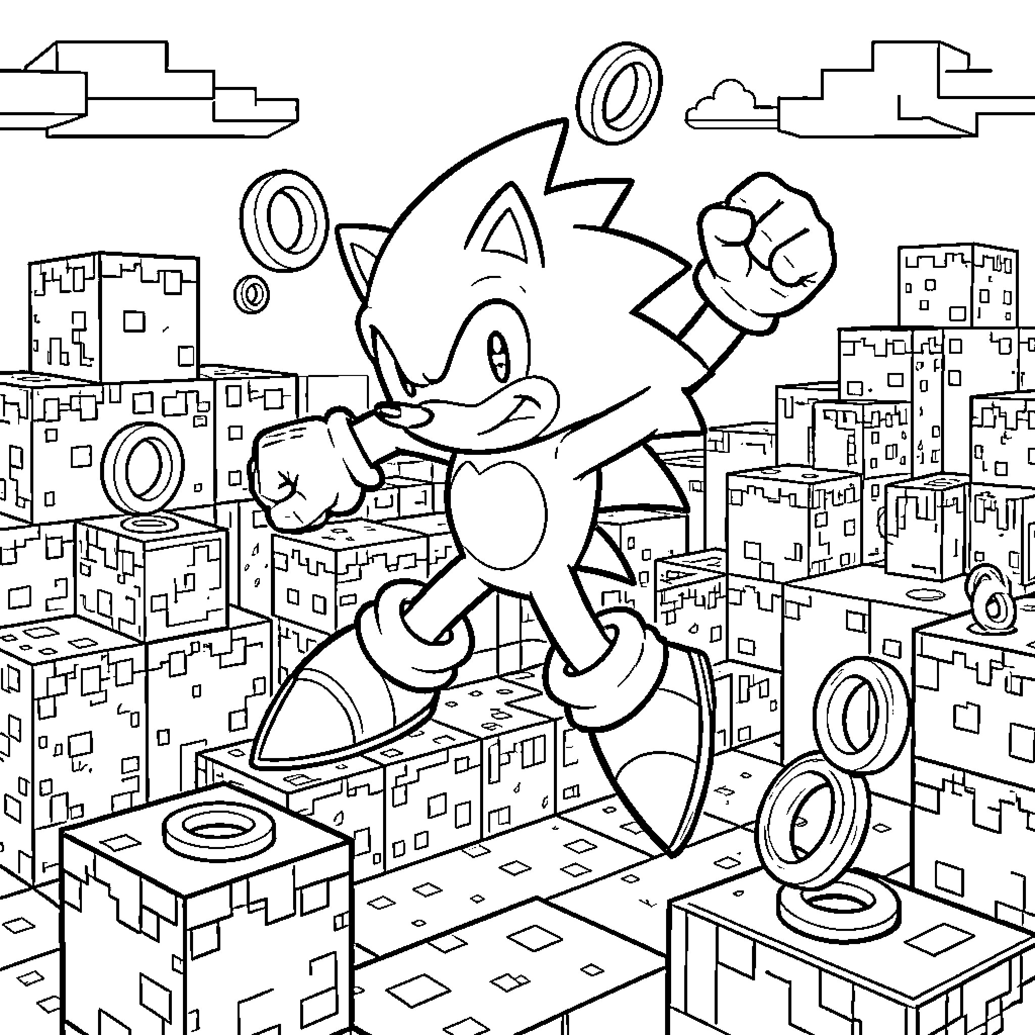 Sonic running dynamically through a city of blocks Coloring Page (free black-and-white line drawing printable PDF for all, from beginners to advanced learners, including children, teens, adults, and seniors)