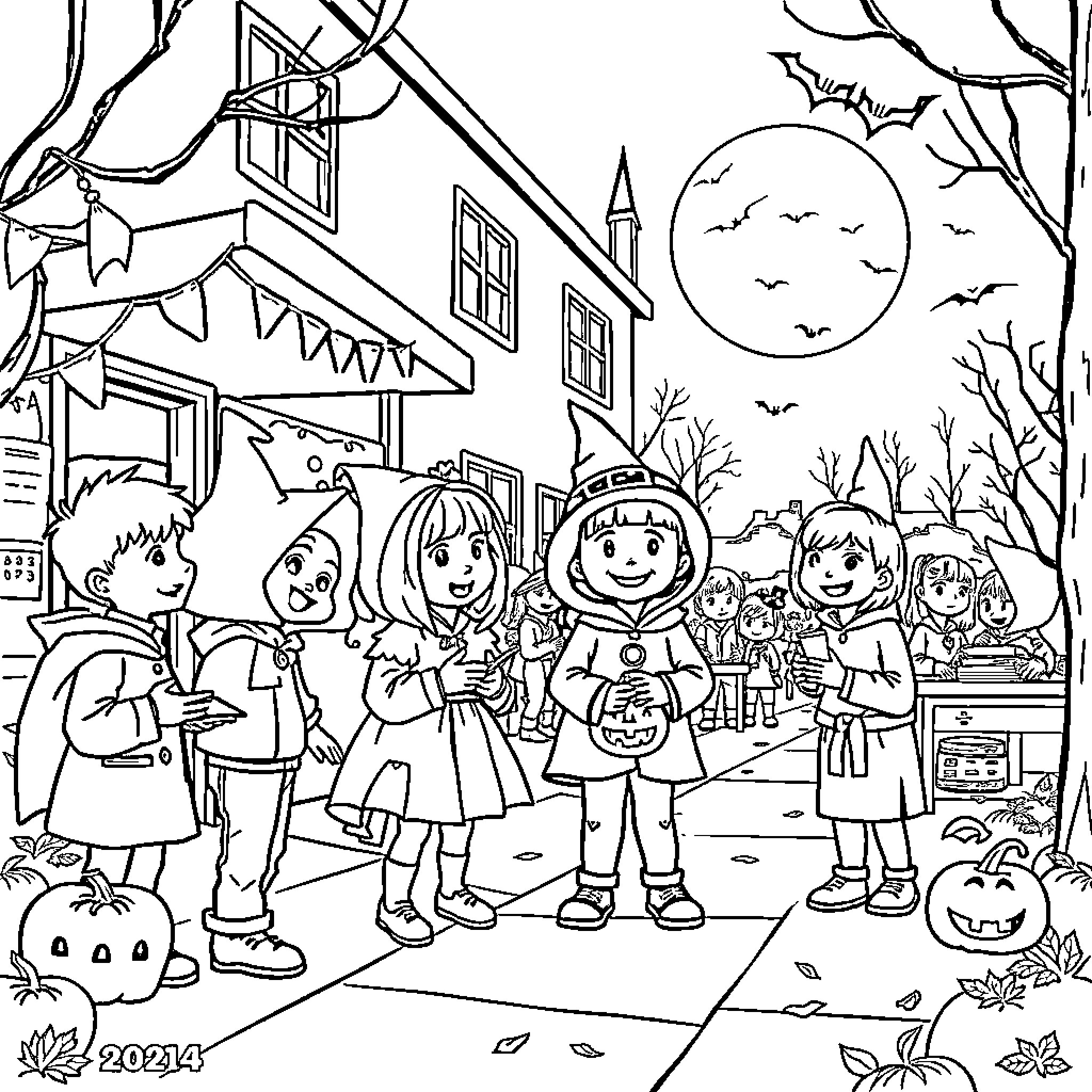 Children dressed in Halloween costumes trick-or-treating Coloring Page (free black-and-white line drawing printable PDF for all, from beginners to advanced learners, including children, teens, adults, and seniors)