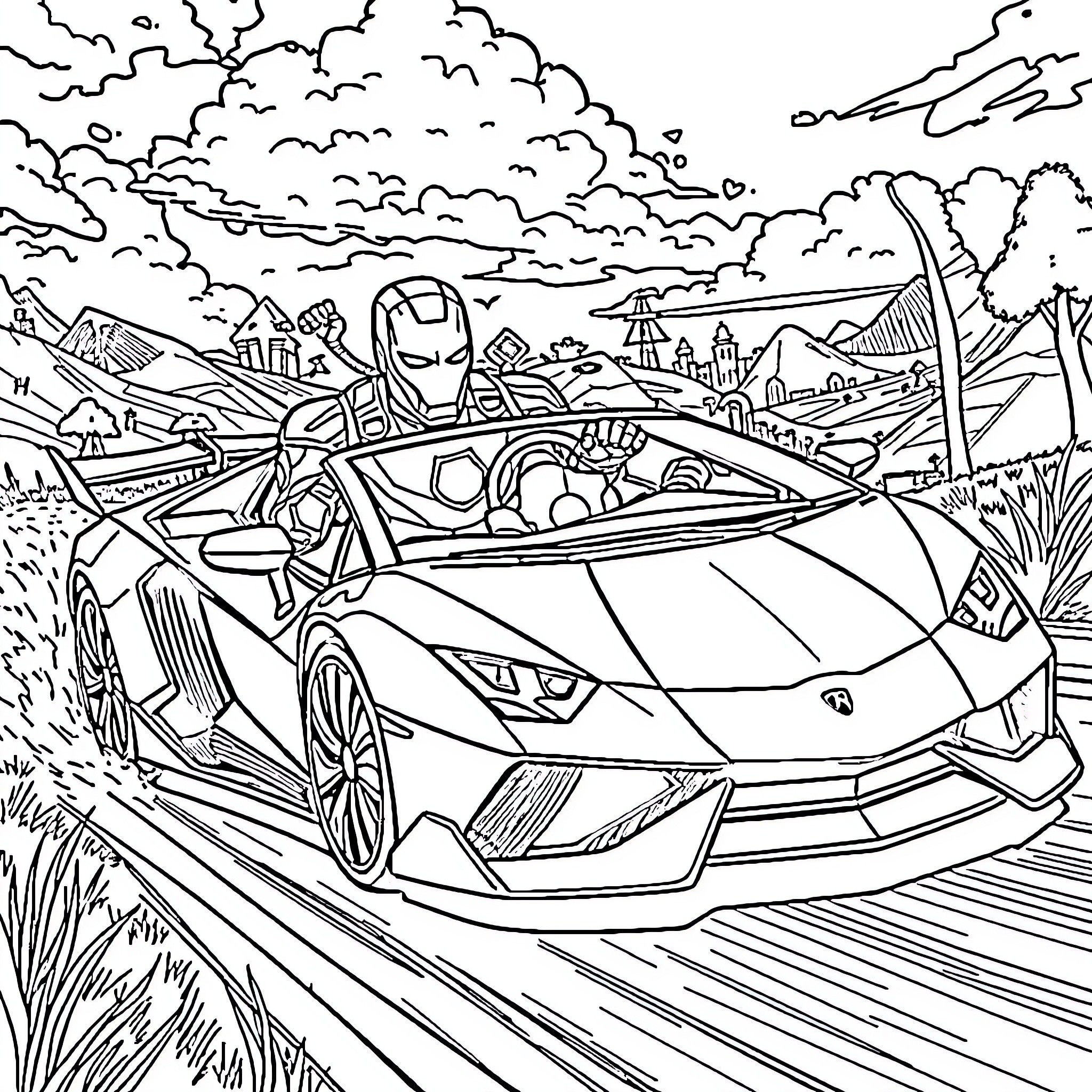 Iron Man driving a high-speed futuristic vehicle through a fantasy landscape Coloring Page (free black-and-white line drawing printable PDF for all, from beginners to advanced learners, including children, teens, adults, and seniors)