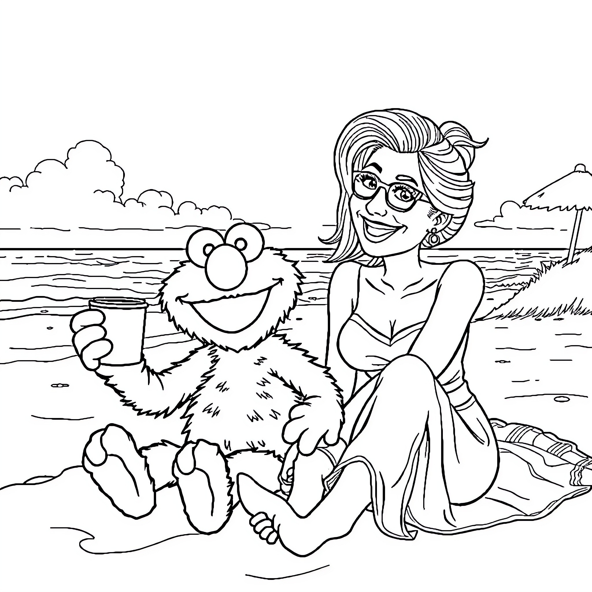 Elmo and Woman Enjoy a Day at the Beach Coloring Page (free black-and-white line drawing printable PDF for all, from beginners to advanced learners, including children, teens, adults, and seniors)