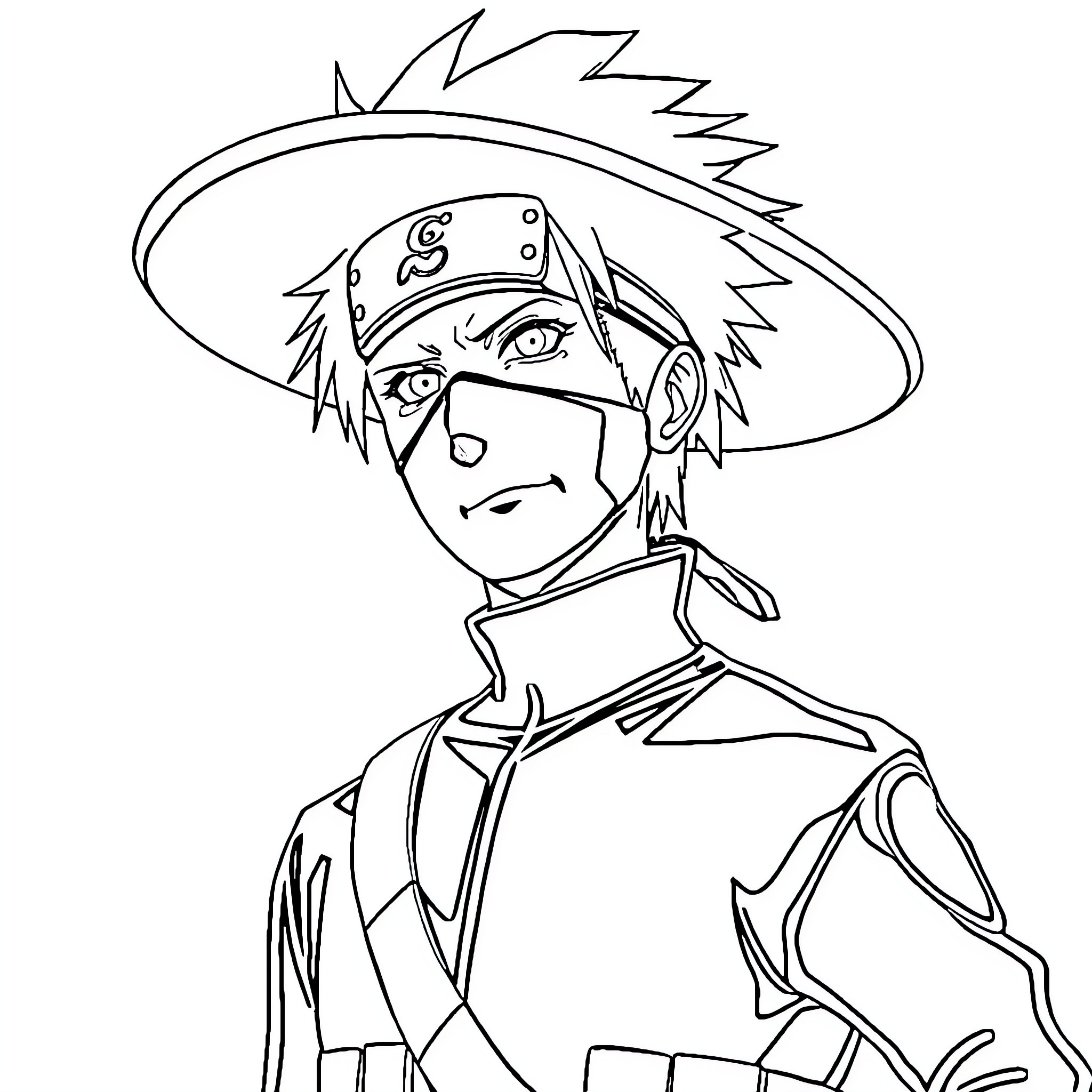 Kakashi in Action, Ninja Attire Coloring Page (free black-and-white line drawing printable PDF for all, from beginners to advanced learners, including children, teens, adults, and seniors)