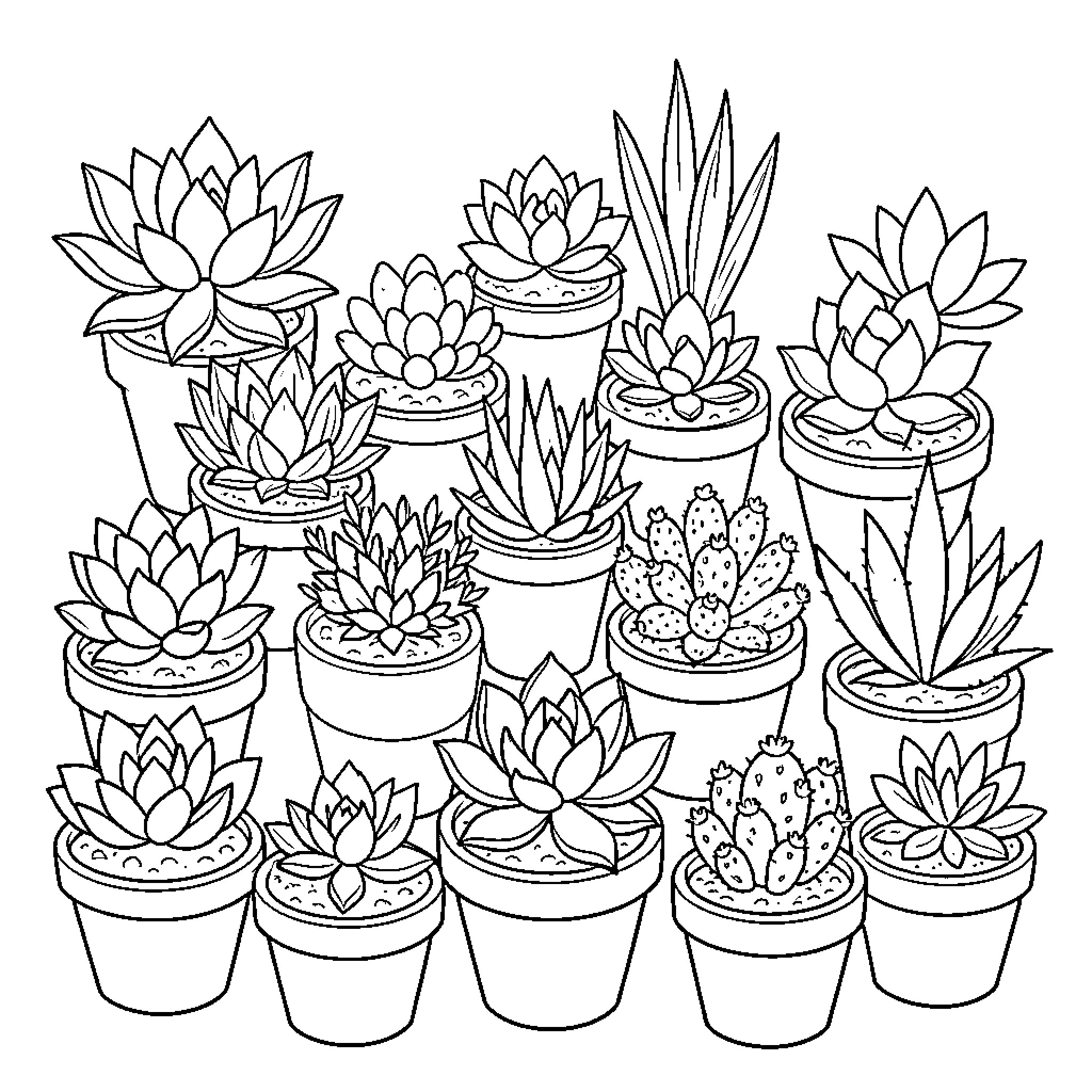 Succulent plants in diverse pots Coloring Page (free black-and-white line drawing printable PDF for all, from beginners to advanced learners, including children, teens, adults, and seniors)