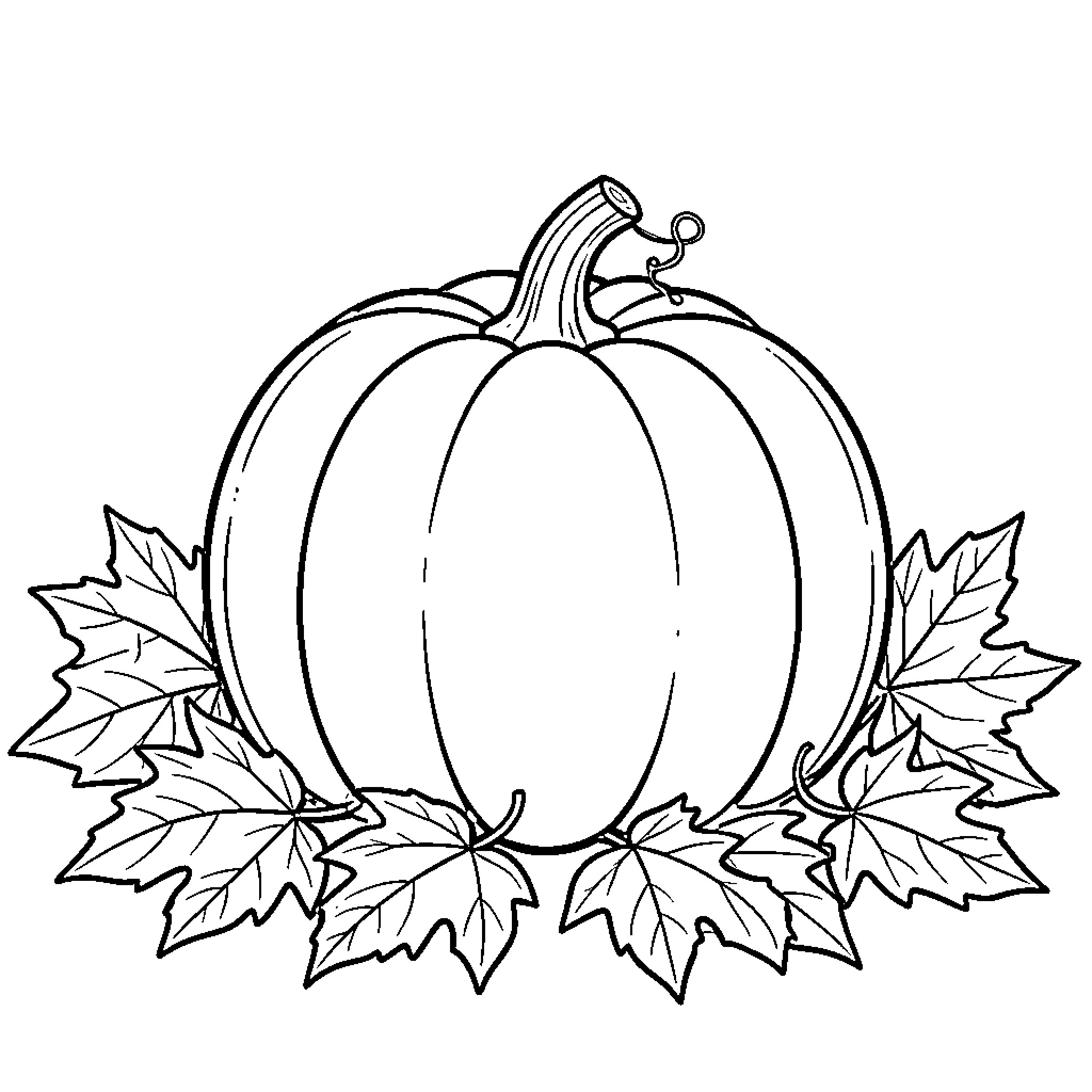 Pumpkin sitting peacefully among autumn maple leaves Coloring Page (free black-and-white line drawing printable PDF for all, from beginners to advanced learners, including children, teens, adults, and seniors)