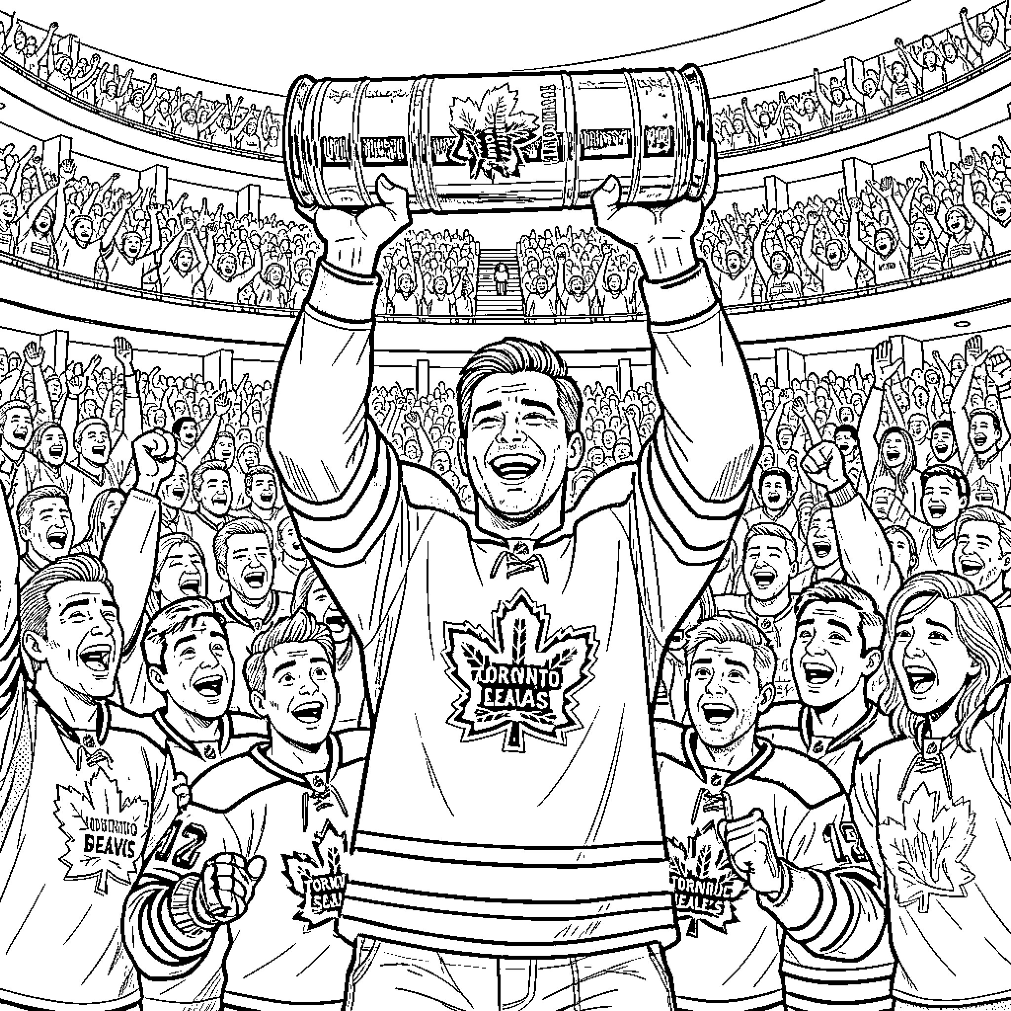 Austin Matthews Celebrating Stanley Cup Victory with Fans Coloring Page (free black-and-white line drawing printable PDF for all, from beginners to advanced learners, including children, teens, adults, and seniors)