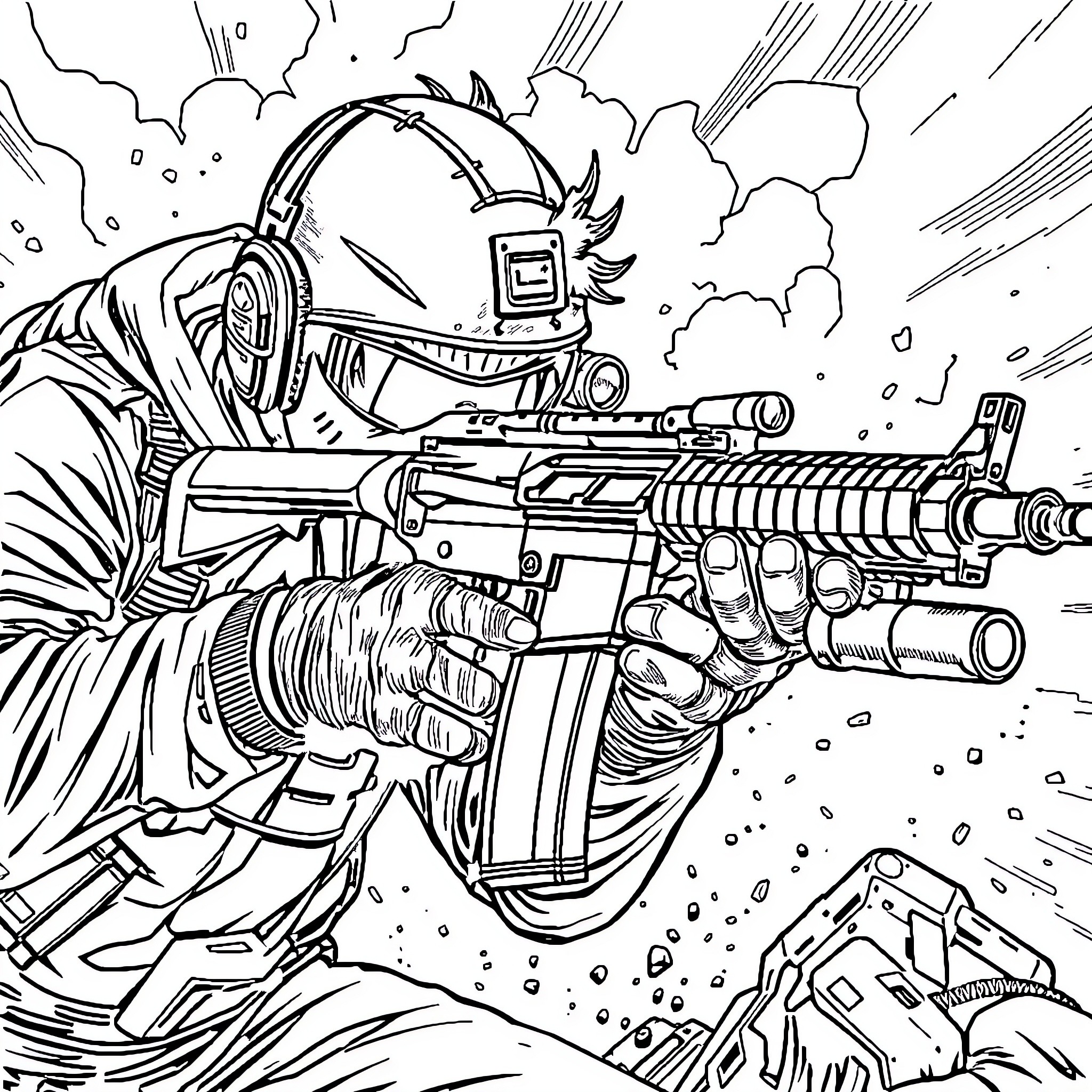 Ethan the Tactical Soldier in Action Coloring Page (free black-and-white line drawing printable PDF for all, from beginners to advanced learners, including children, teens, adults, and seniors)