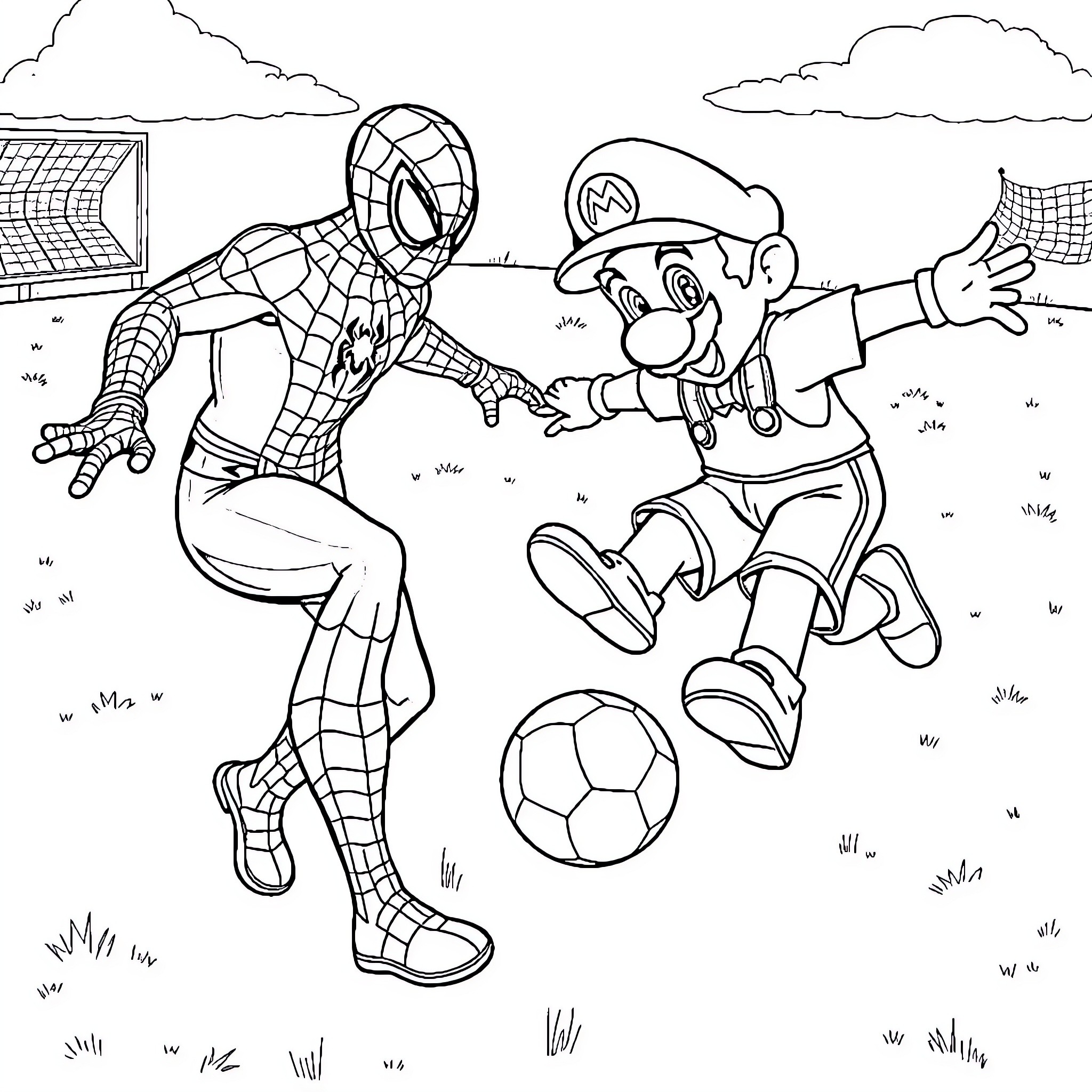 Spiderman playing soccer with Super Mario Coloring Page (free black-and-white line drawing printable PDF for all, from beginners to advanced learners, including children, teens, adults, and seniors)