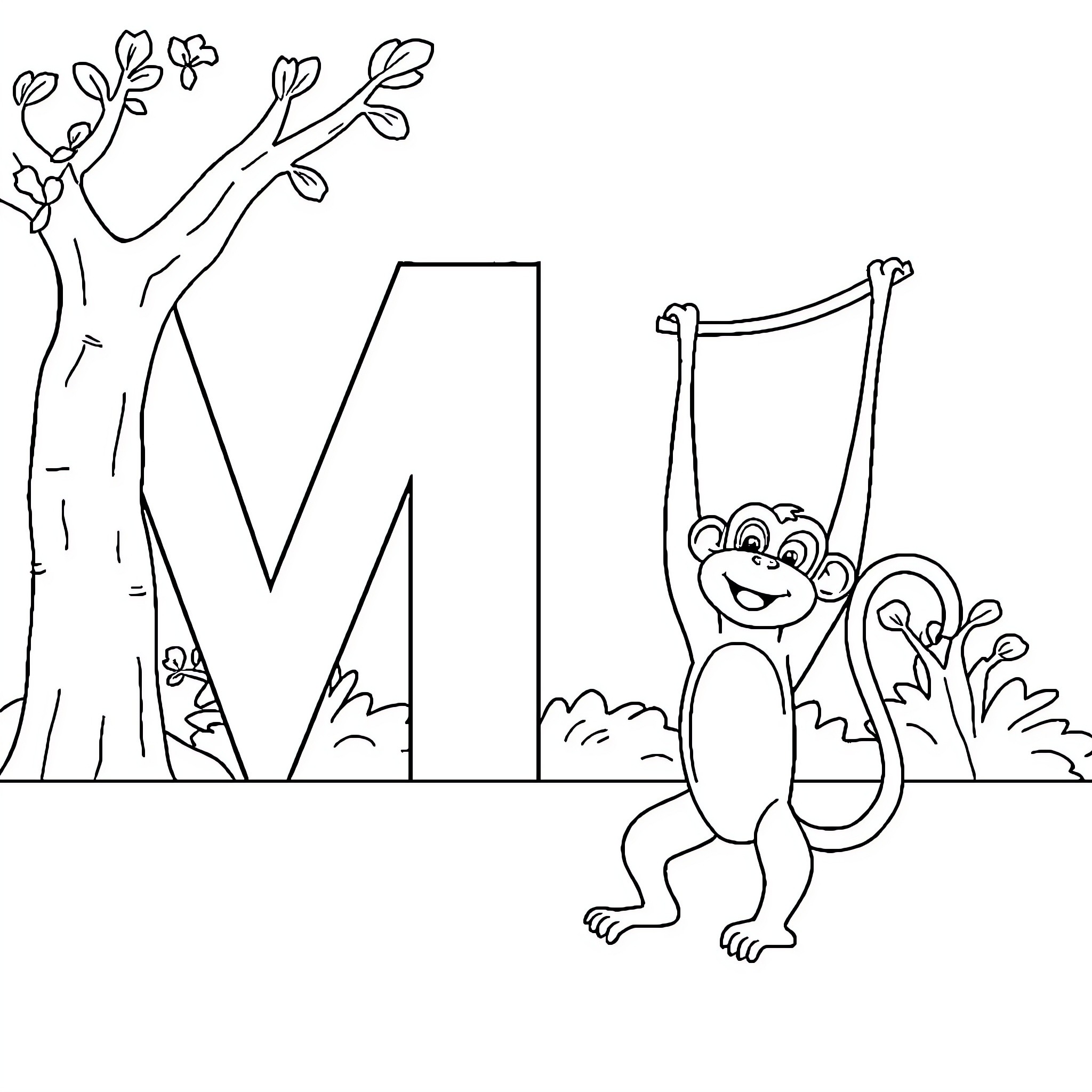 Monkey playing joyfully in the forest Coloring Page (free black-and-white line drawing printable PDF for all, from beginners to advanced learners, including children, teens, adults, and seniors)
