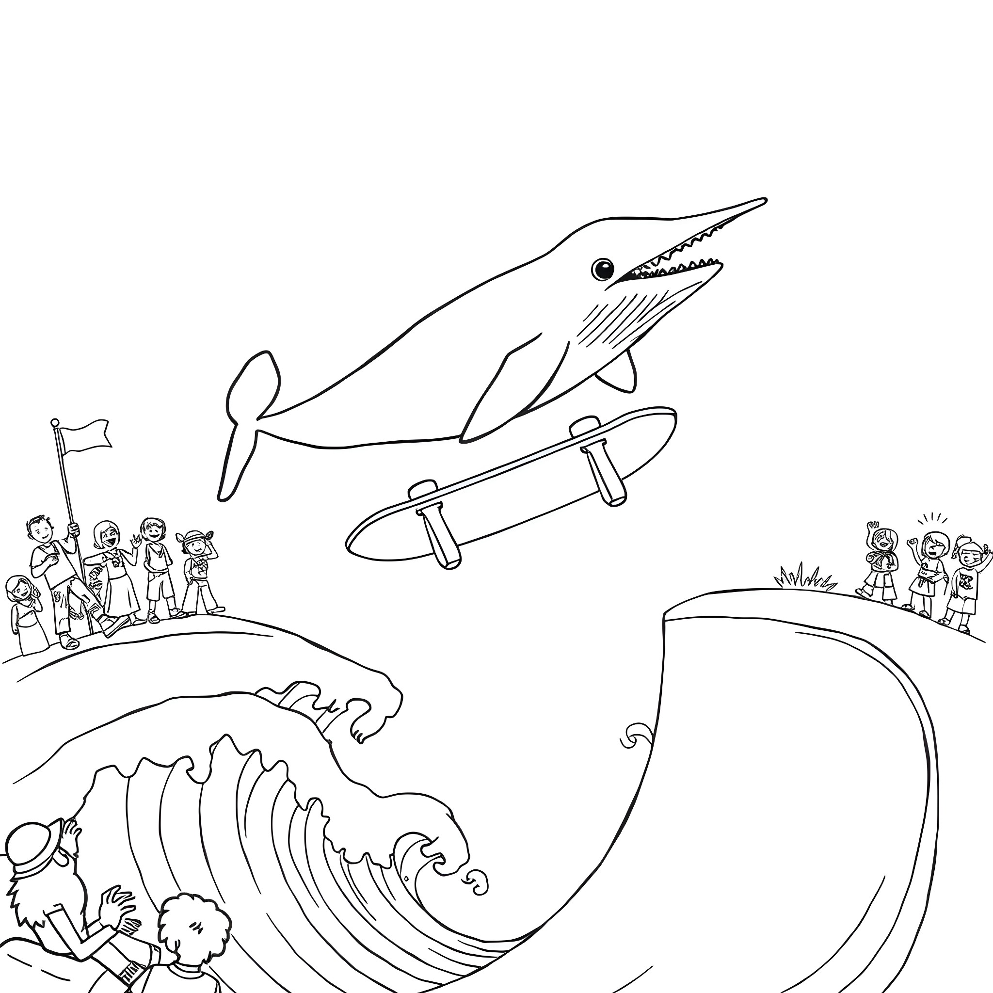 Gnarwhale performing extreme surfing tricks Coloring Page (free black-and-white line drawing printable PDF for all, from beginners to advanced learners, including children, teens, adults, and seniors)
