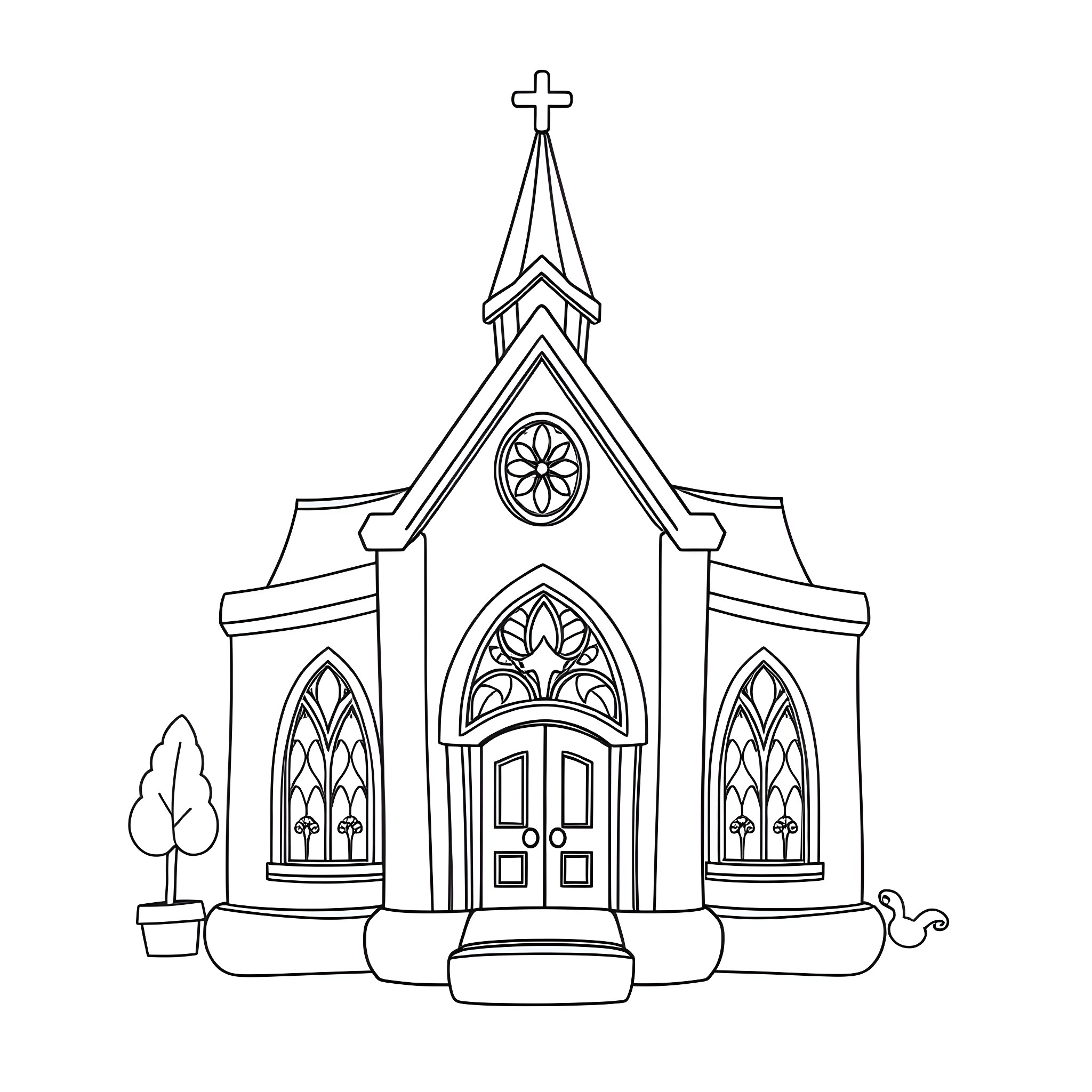 Church with ornate gothic architecture and entrance Coloring Page (free black-and-white line drawing printable PDF for all, from beginners to advanced learners, including children, teens, adults, and seniors)