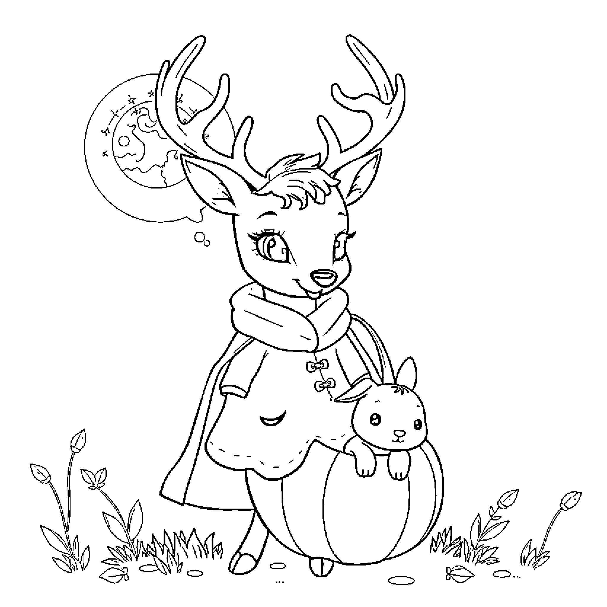 Queen Deer and Rabbit in Woodland Setting Coloring Page (free black-and-white line drawing printable PDF for all, from beginners to advanced learners, including children, teens, adults, and seniors)