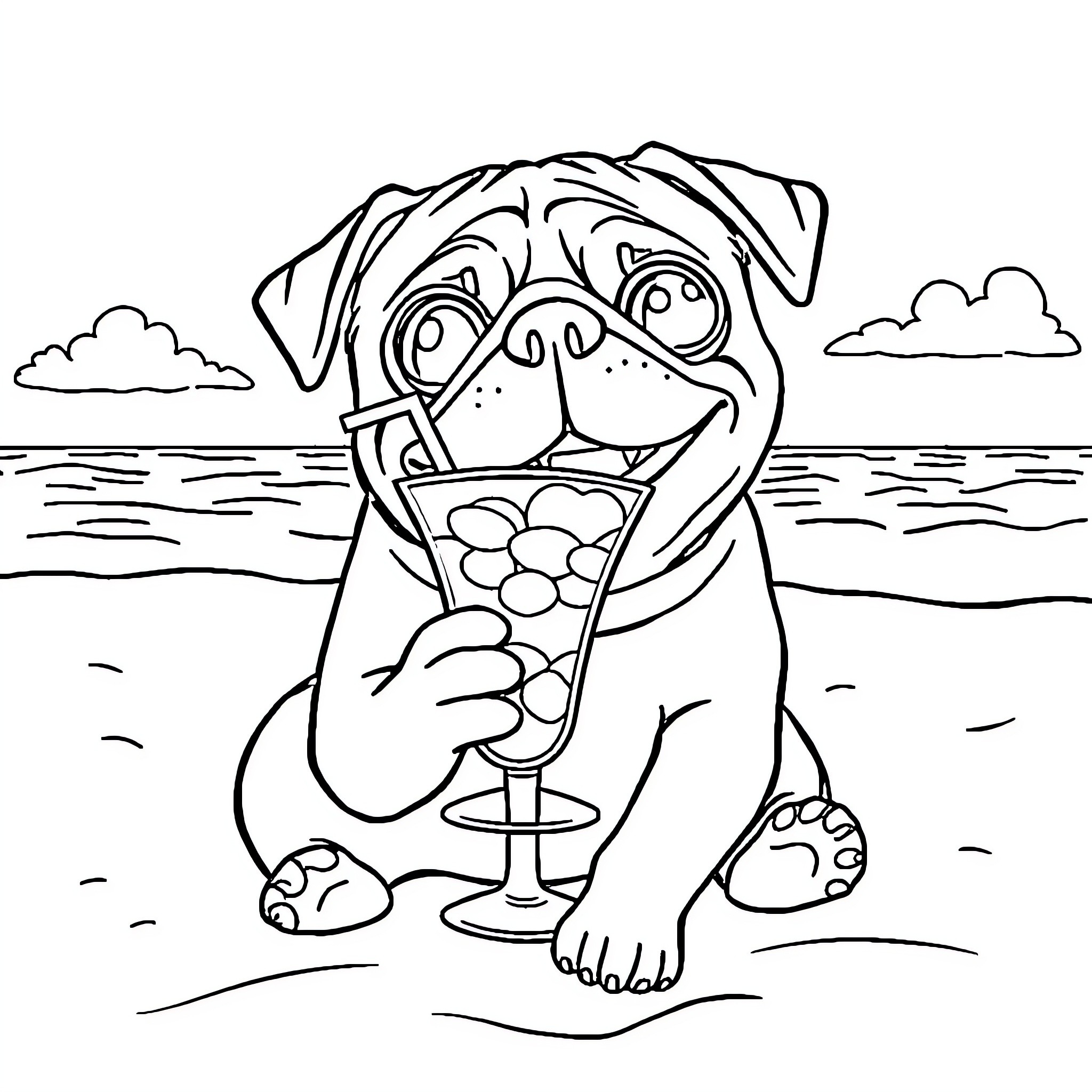 Pug Enjoying a Refreshing Drink by the Beach Coloring Page (free black-and-white line drawing printable PDF for all, from beginners to advanced learners, including children, teens, adults, and seniors)