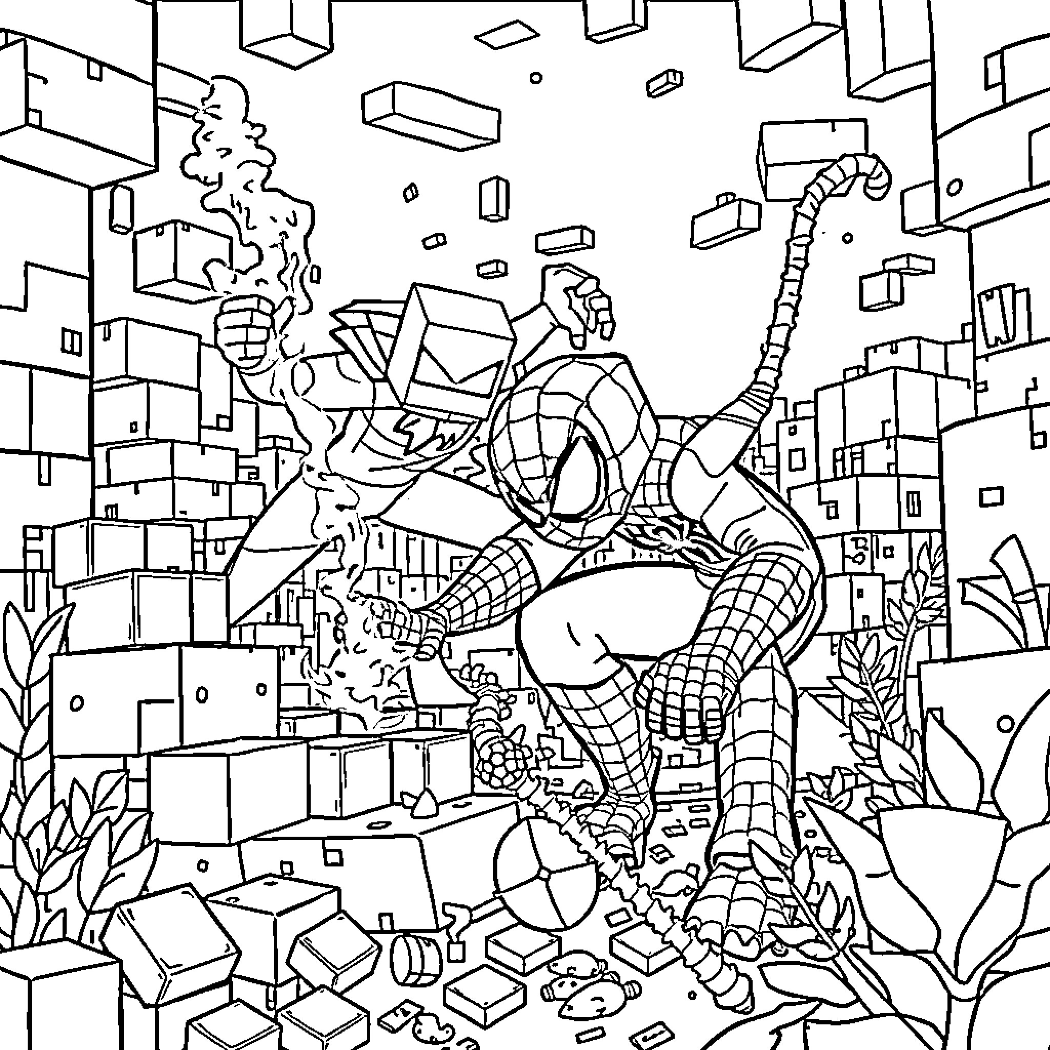 Spiderman swinging through a city of abstract shapes Coloring Page (free black-and-white line drawing printable PDF for all, from beginners to advanced learners, including children, teens, adults, and seniors)