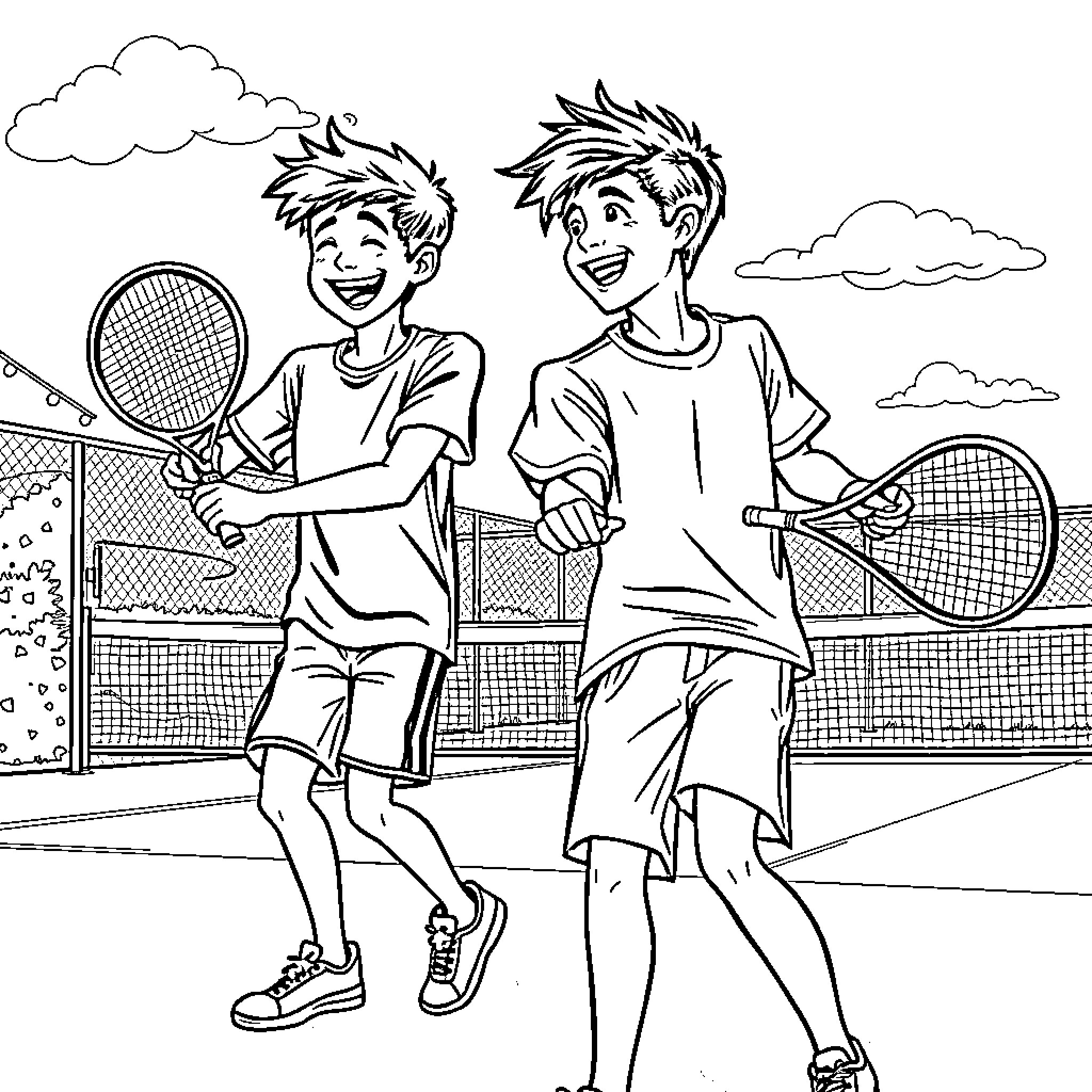 Boys playing happily on a tennis court Coloring Page (free black-and-white line drawing printable PDF for all, from beginners to advanced learners, including children, teens, adults, and seniors)