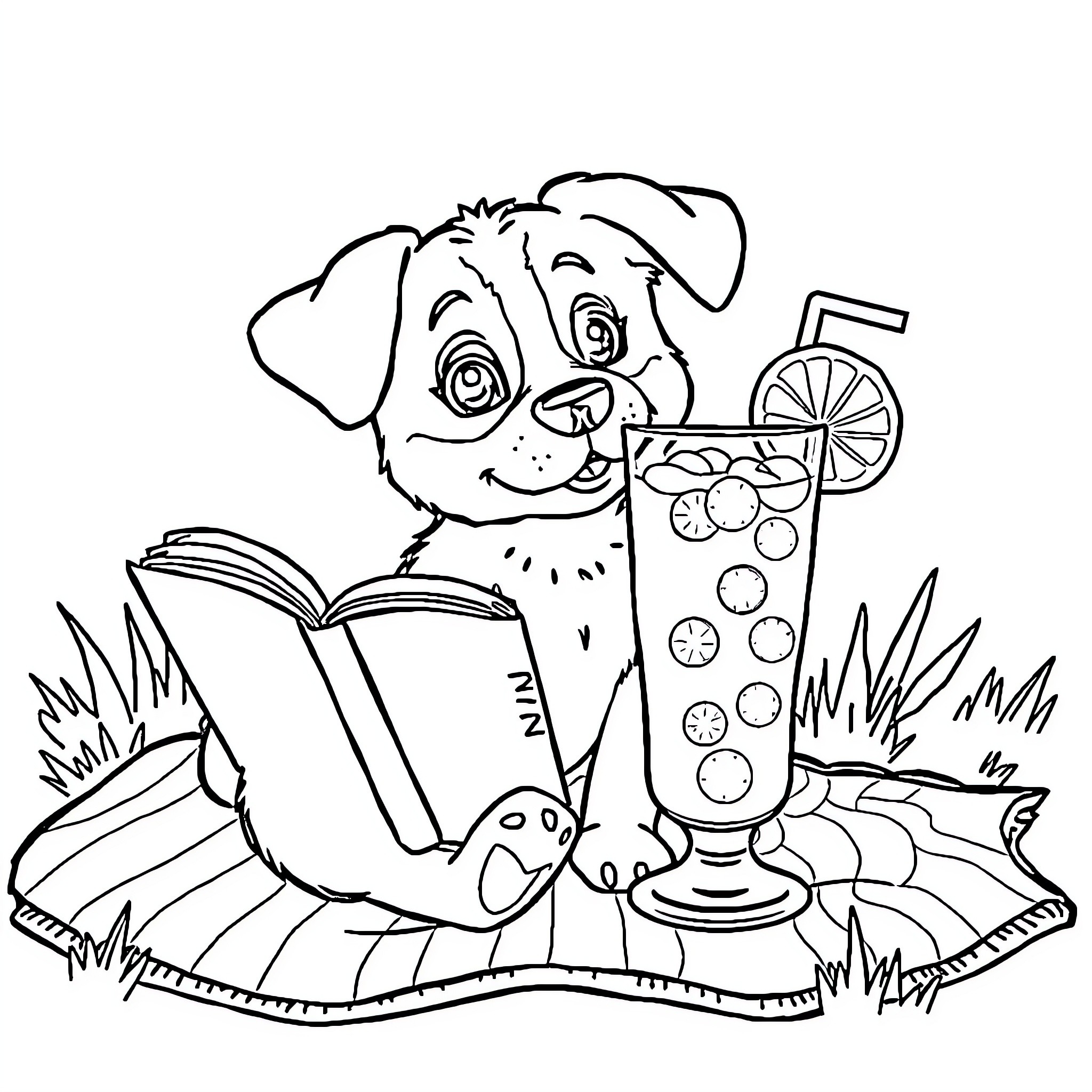 Dog reading book and drinking lemonade Coloring Page (free black-and-white line drawing printable PDF for all, from beginners to advanced learners, including children, teens, adults, and seniors)