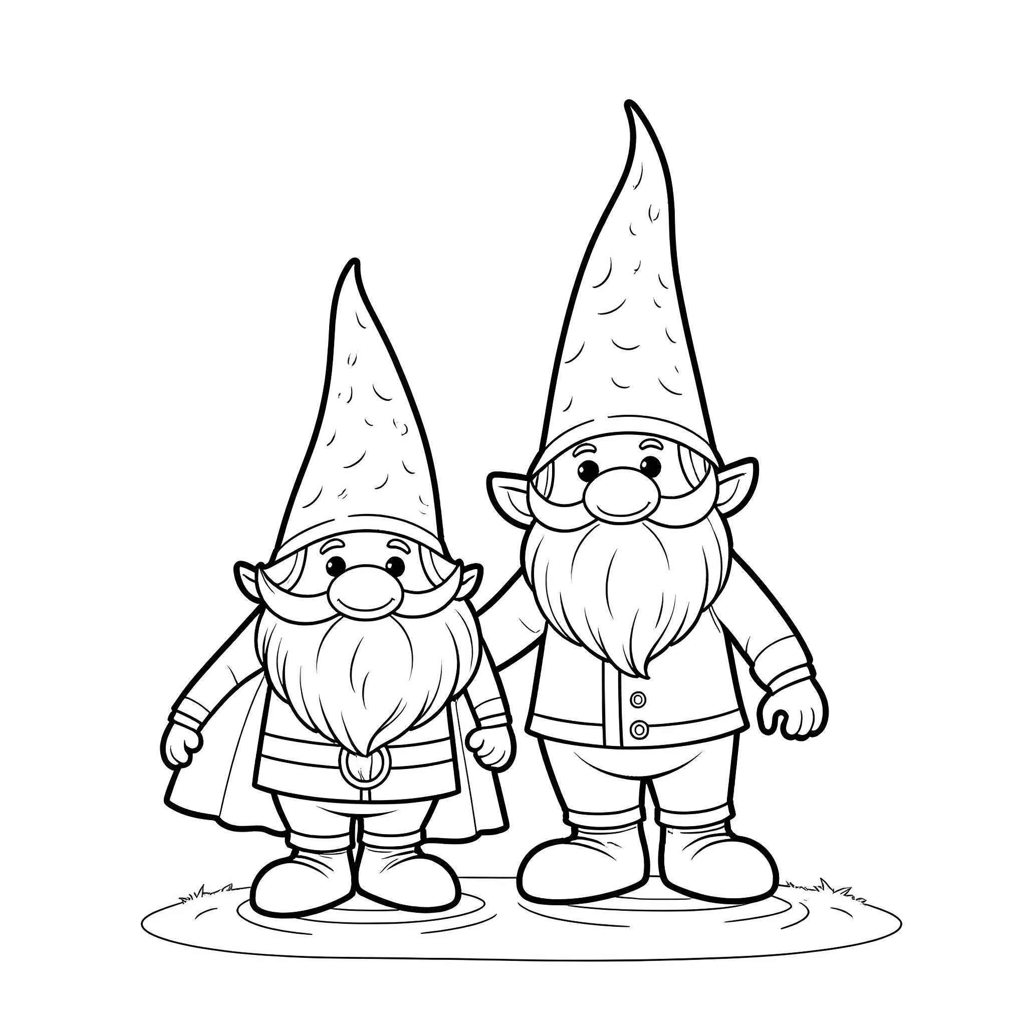 Gnome friends enjoying their day together Coloring Page (free black-and-white line drawing printable PDF for all, from beginners to advanced learners, including children, teens, adults, and seniors)