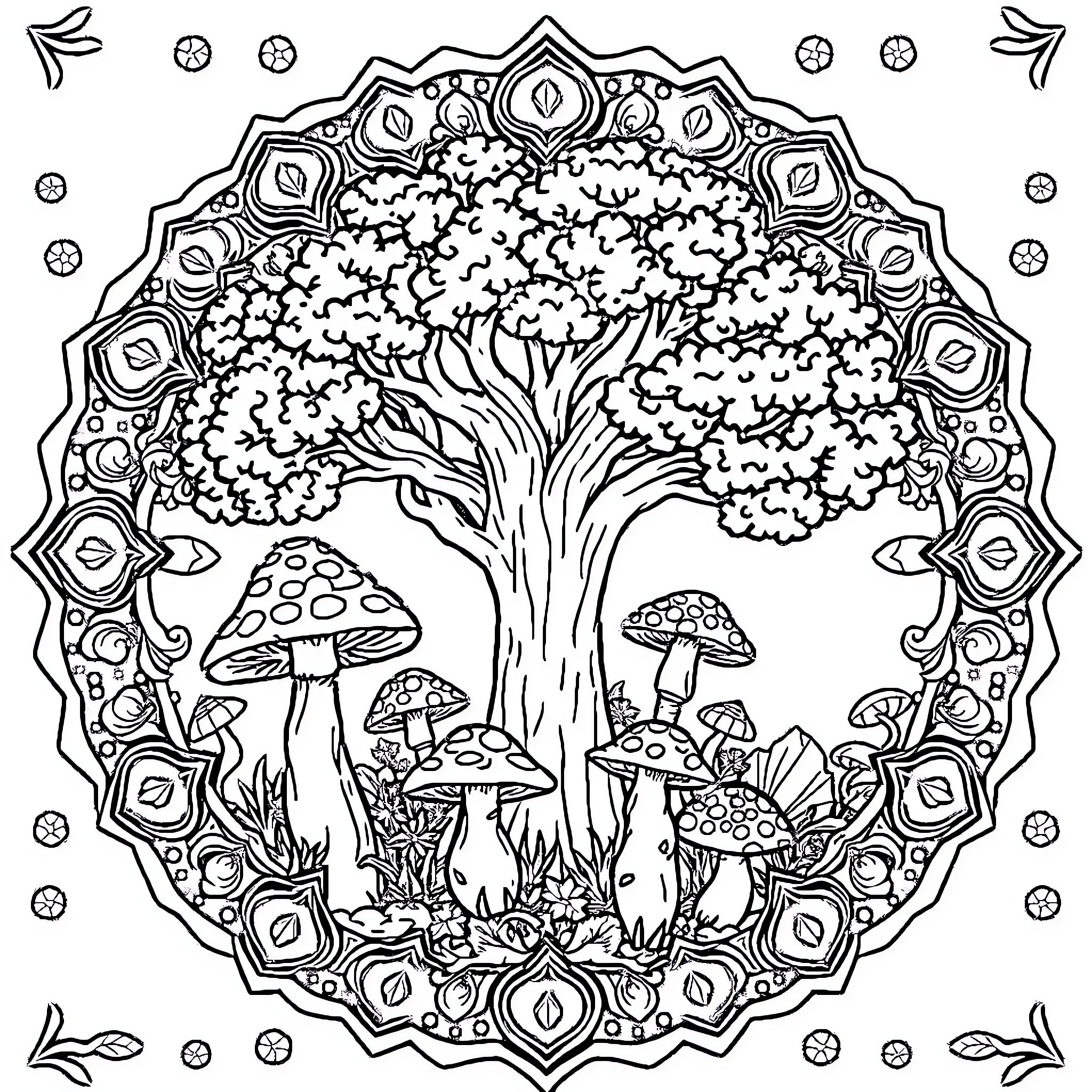 Mandala of a Whimsical Forest Scene Coloring Page (free black-and-white line drawing printable PDF for all, from beginners to advanced learners, including children, teens, adults, and seniors)