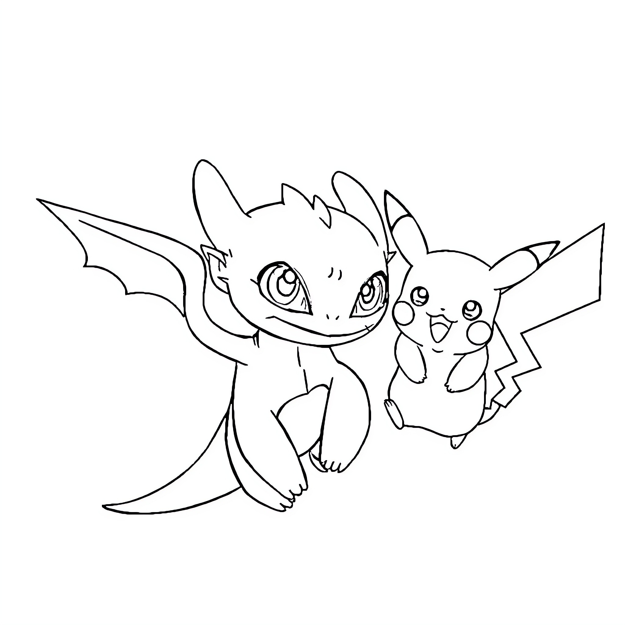 Toothless and Pikachu Playing Together Coloring Page (free black-and-white line drawing printable PDF for all, from beginners to advanced learners, including children, teens, adults, and seniors)