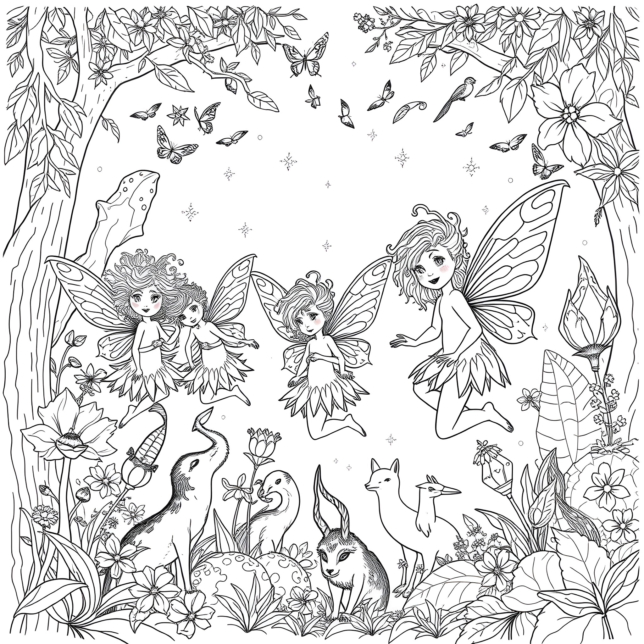 Fairy forest scene with playful creatures Coloring Page (free black-and-white line drawing printable PDF for all, from beginners to advanced learners, including children, teens, adults, and seniors)