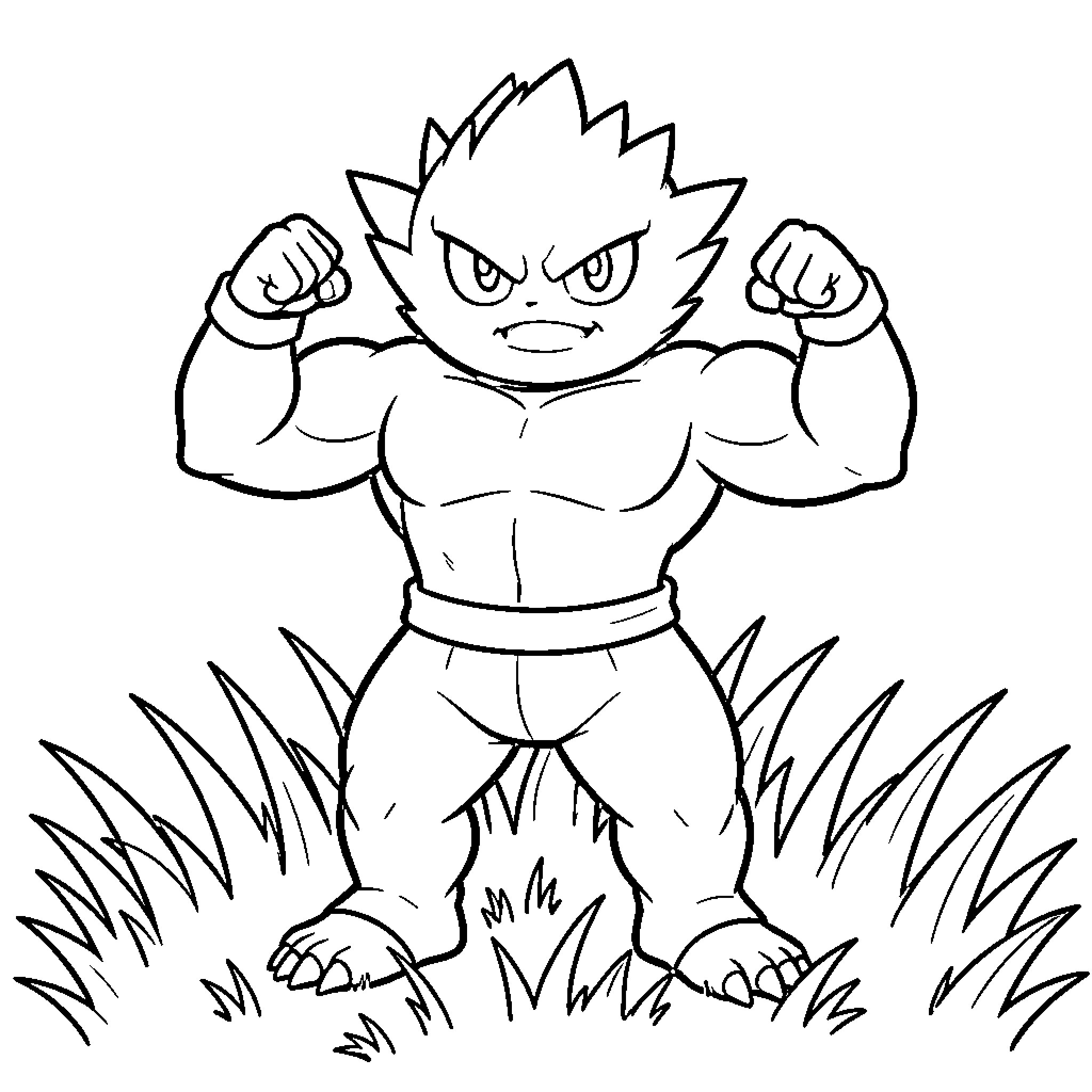 Machop flexing muscles in fierce pose Coloring Page (free black-and-white line drawing printable PDF for all, from beginners to advanced learners, including children, teens, adults, and seniors)