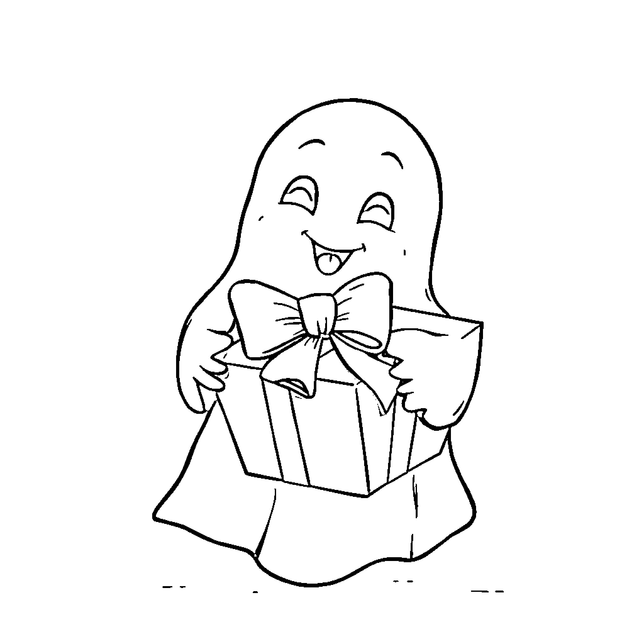 Ghost happily holding a present Coloring Page (free black-and-white line drawing printable PDF for all, from beginners to advanced learners, including children, teens, adults, and seniors)