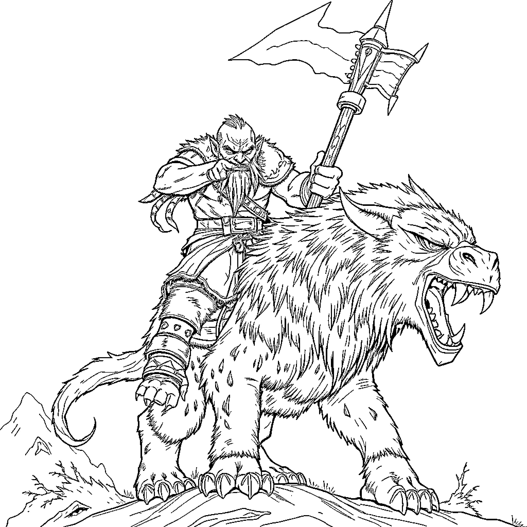 Orc warrior riding a fierce beast into battle Coloring Page (free black-and-white line drawing printable PDF for all, from beginners to advanced learners, including children, teens, adults, and seniors)