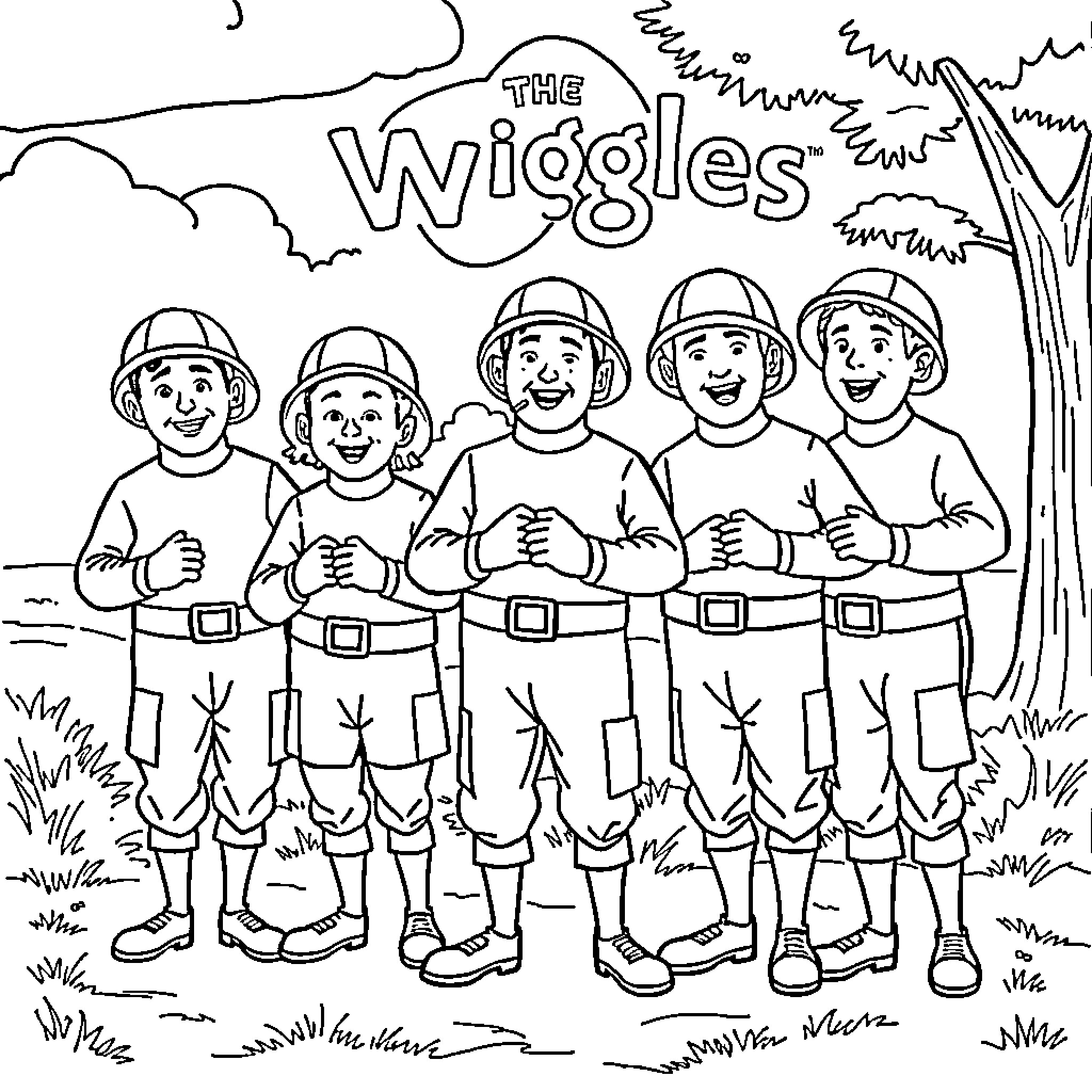 Wiggles Doing Playful Poses Outdoors Coloring Page (free black-and-white line drawing printable PDF for all, from beginners to advanced learners, including children, teens, adults, and seniors)