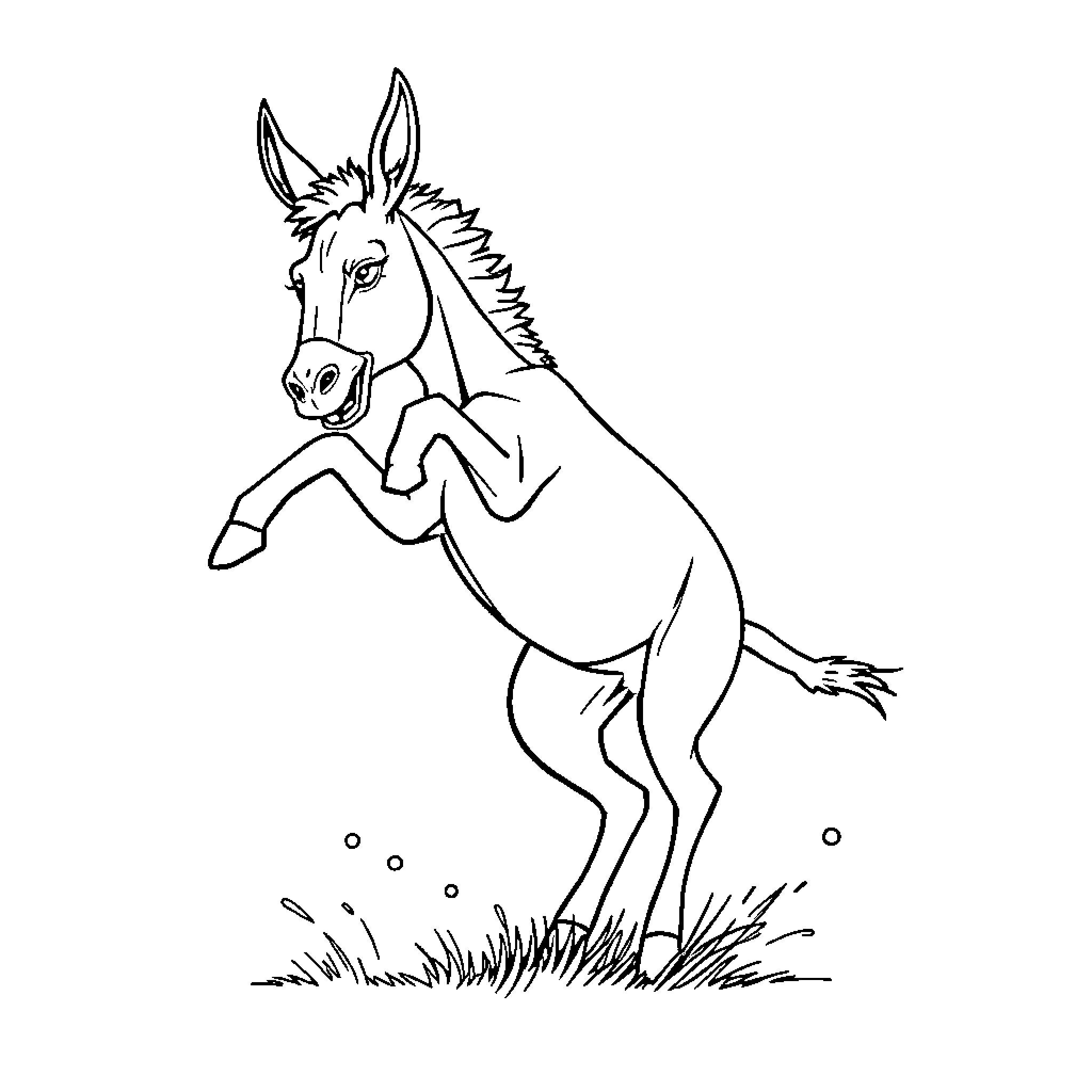Donkey jumping playfully in the meadow Coloring Page (free black-and-white line drawing printable PDF for all, from beginners to advanced learners, including children, teens, adults, and seniors)