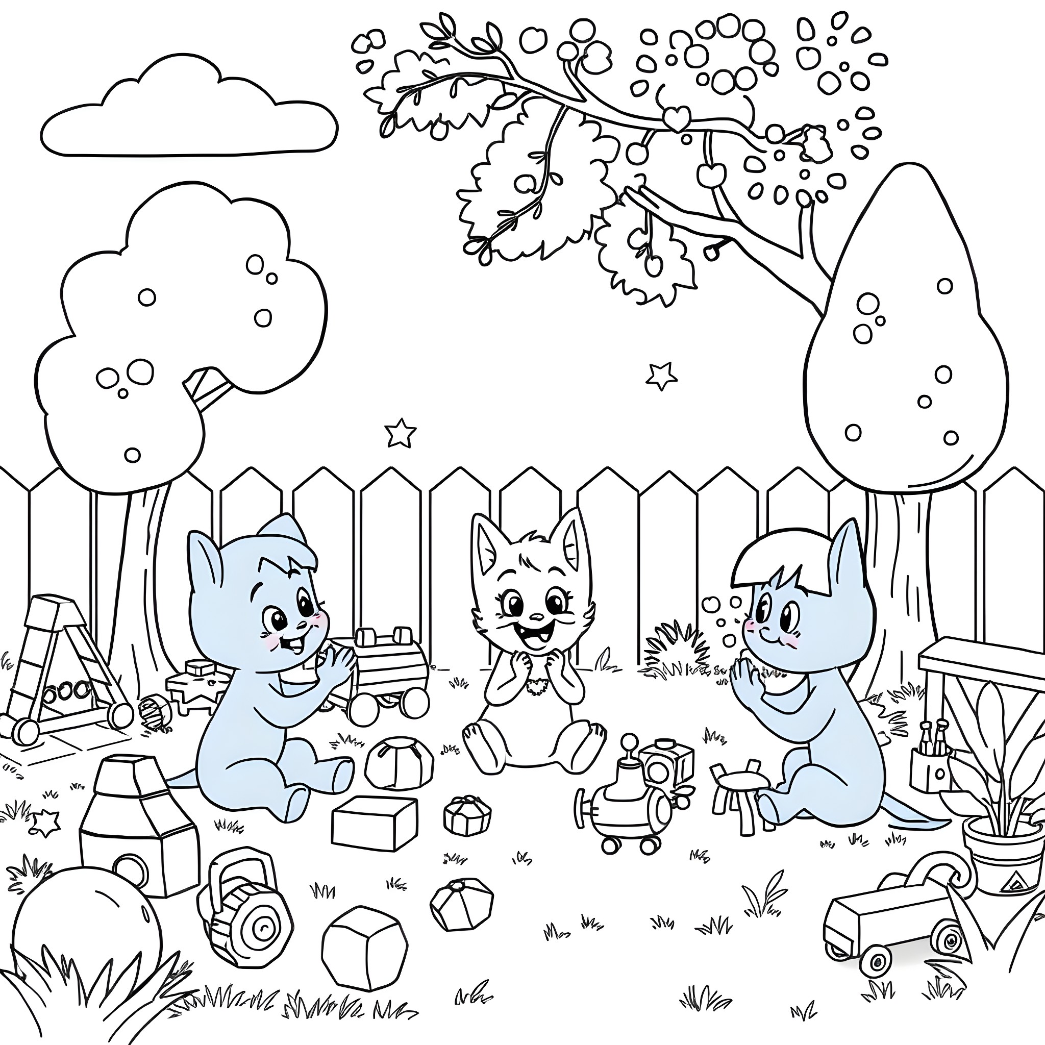 Bluey and friends playing with toys in the backyard Coloring Page (free black-and-white line drawing printable PDF for all, from beginners to advanced learners, including children, teens, adults, and seniors)