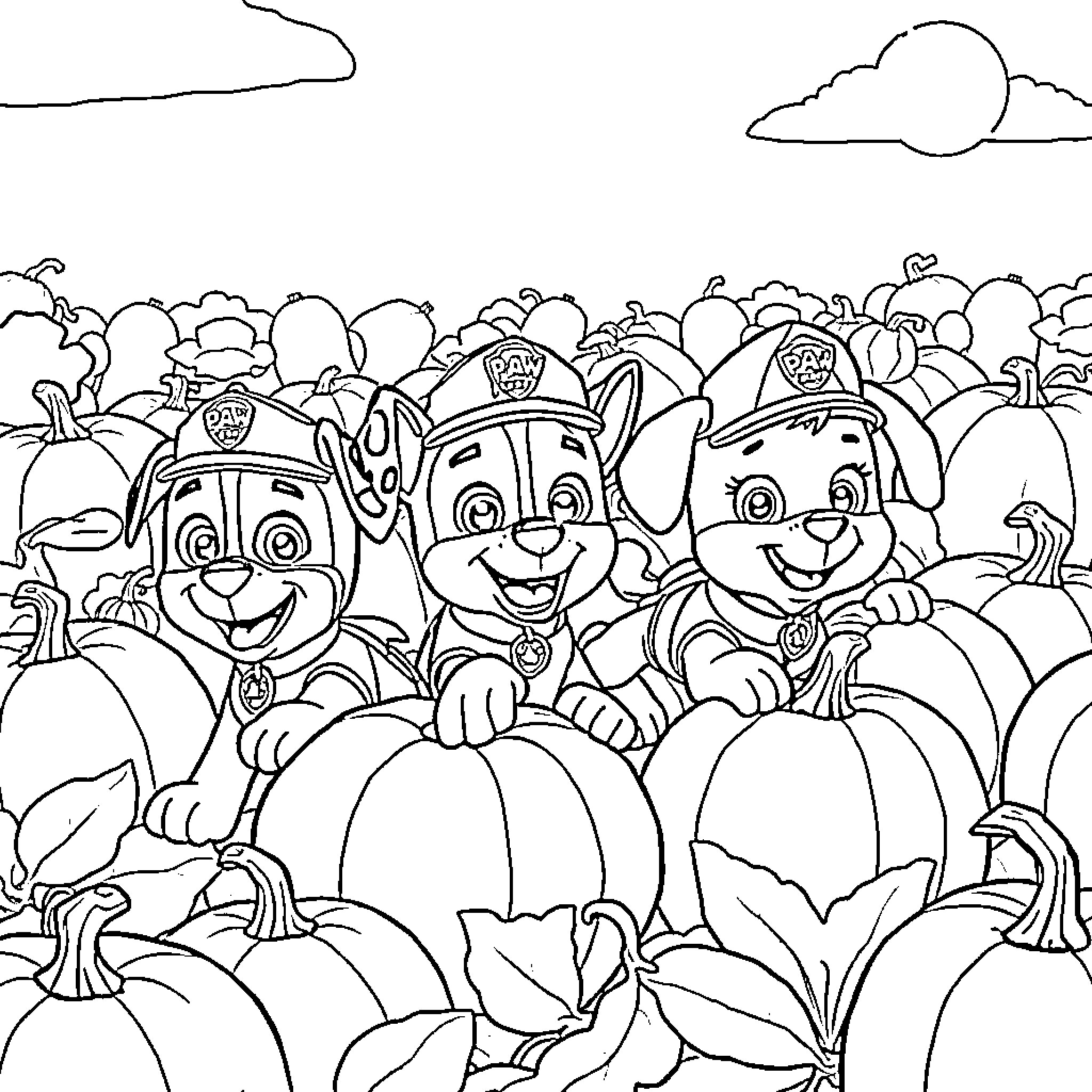 Paw Patrol Pups Exploring Pumpkin Patch Coloring Page (free black-and-white line drawing printable PDF for all, from beginners to advanced learners, including children, teens, adults, and seniors)