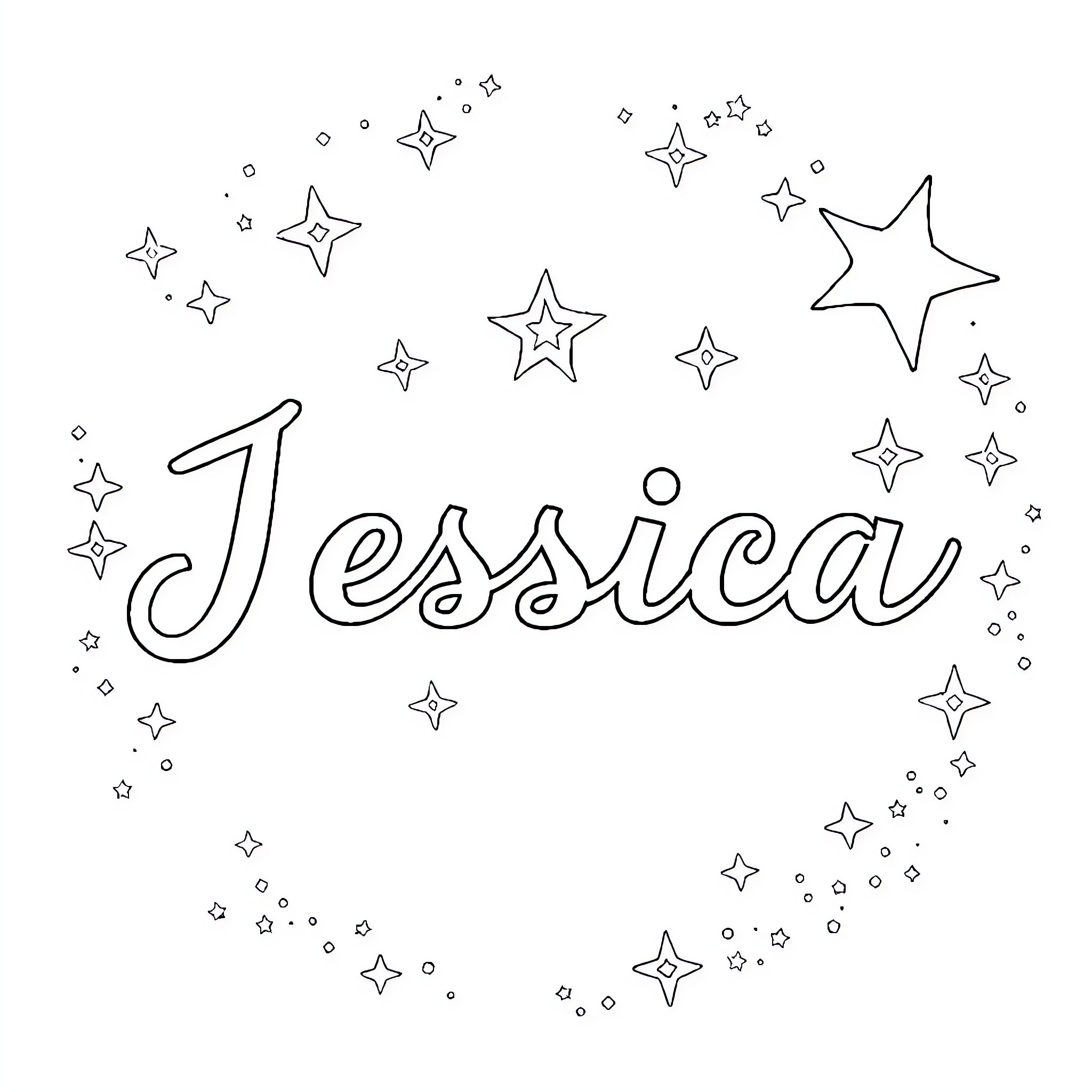 Jessica's Whimsical Star-Filled Sketch Coloring Page (free black-and-white line drawing printable PDF for all, from beginners to advanced learners, including children, teens, adults, and seniors)