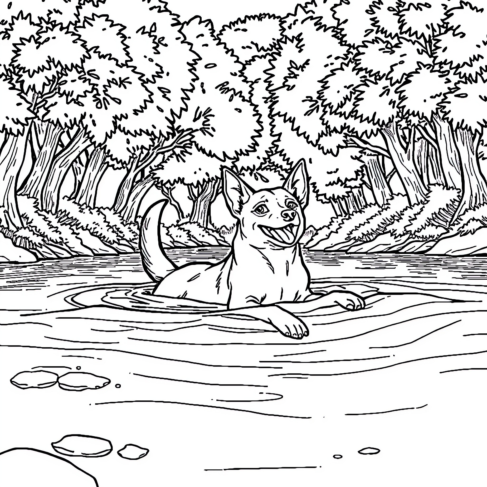Perro relaxing in the serene forest pond Coloring Page (free black-and-white line drawing printable PDF for all, from beginners to advanced learners, including children, teens, adults, and seniors)
