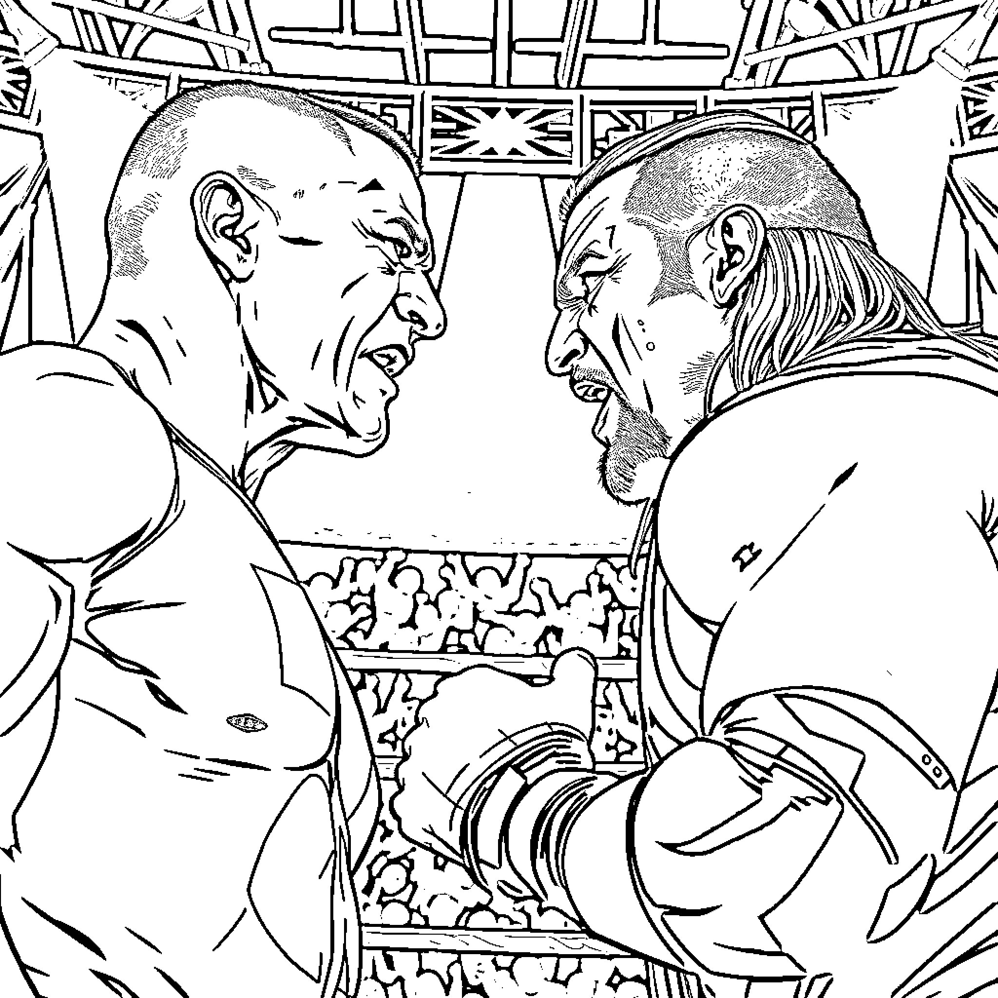 Wrestler's intense showdown in the arena Coloring Page (free black-and-white line drawing printable PDF for all, from beginners to advanced learners, including children, teens, adults, and seniors)