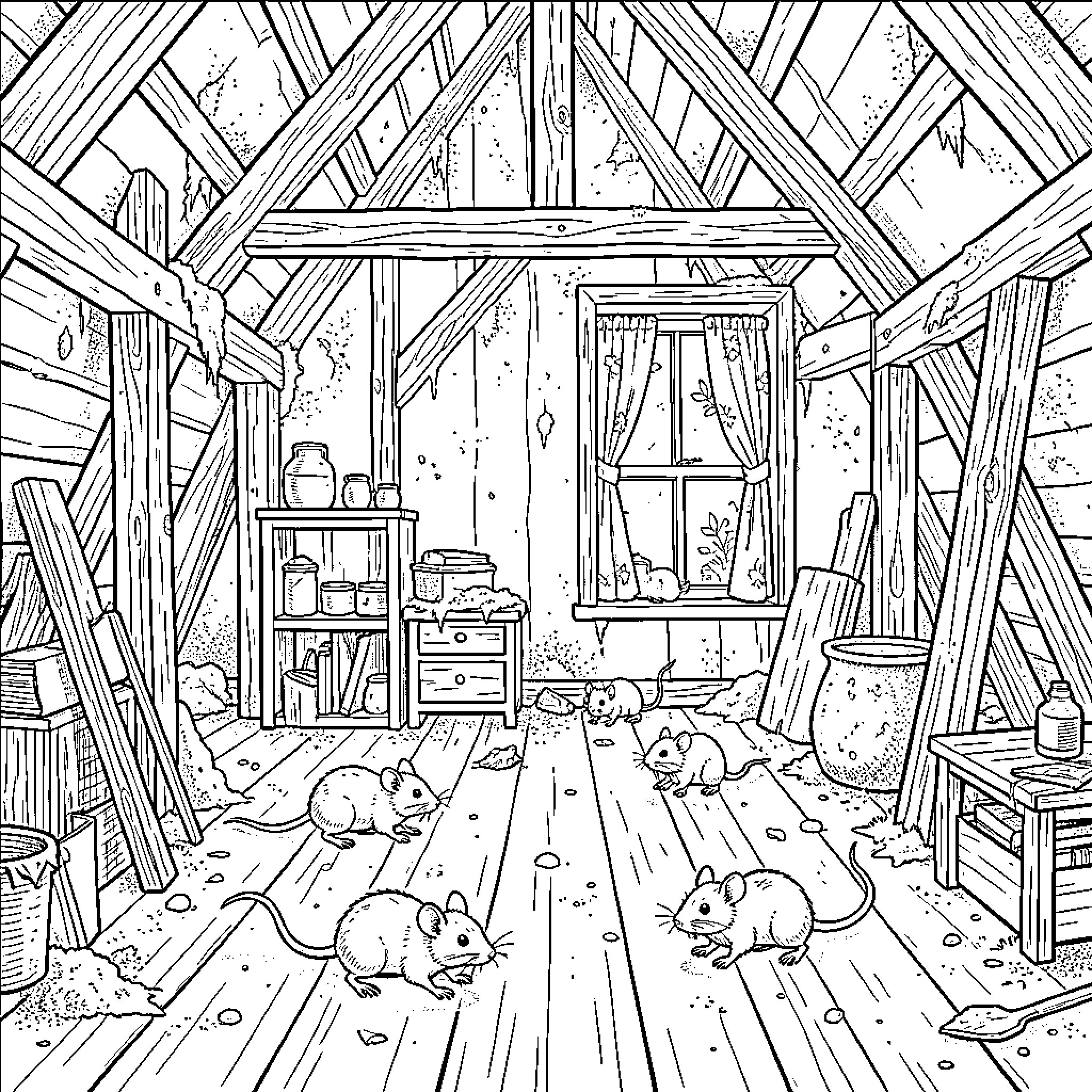 Mouse group exploring a rustic wooden attic scene Coloring Page (free black-and-white line drawing printable PDF for all, from beginners to advanced learners, including children, teens, adults, and seniors)