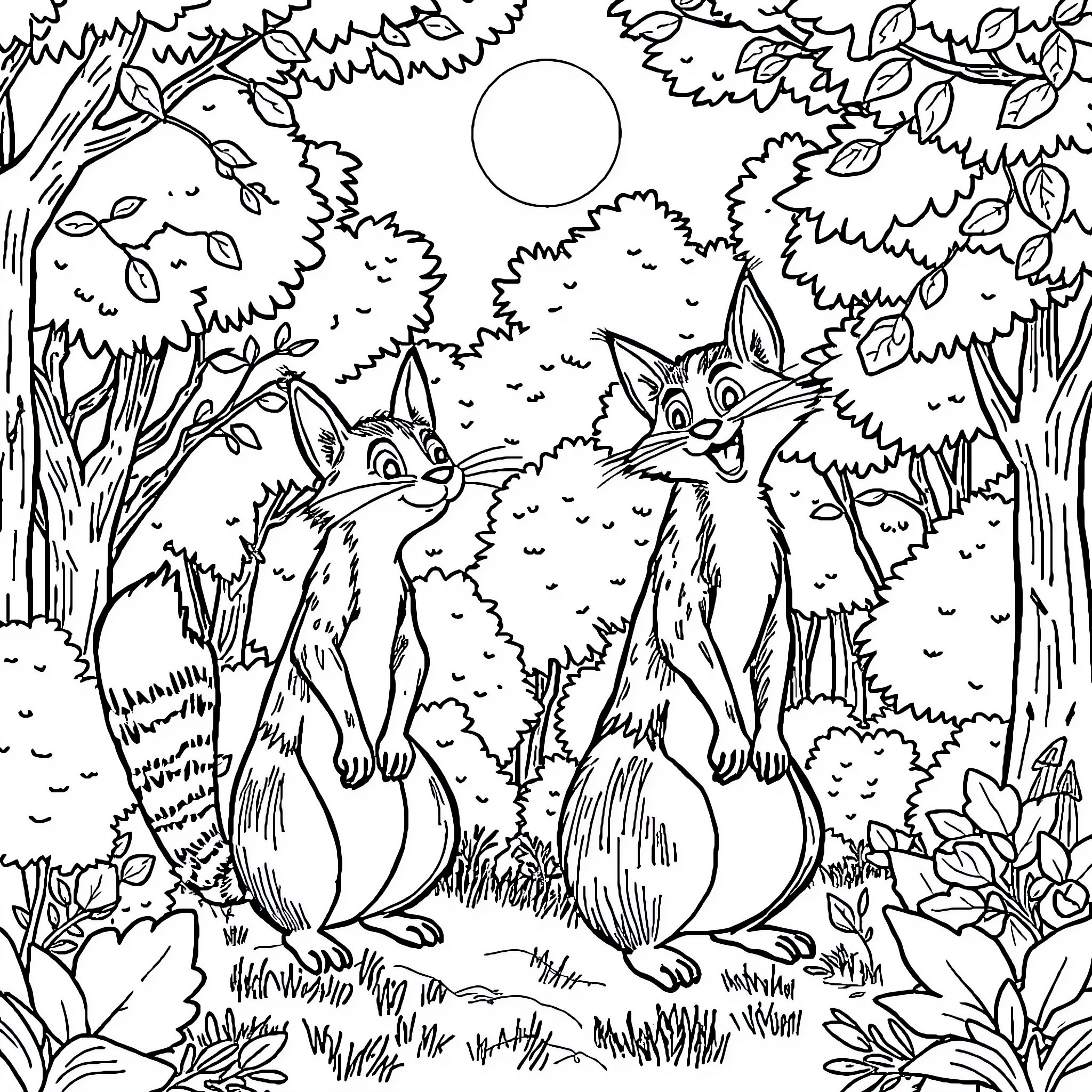 Fox Companions Exploring the Vibrant Forest Coloring Page (free black-and-white line drawing printable PDF for all, from beginners to advanced learners, including children, teens, adults, and seniors)