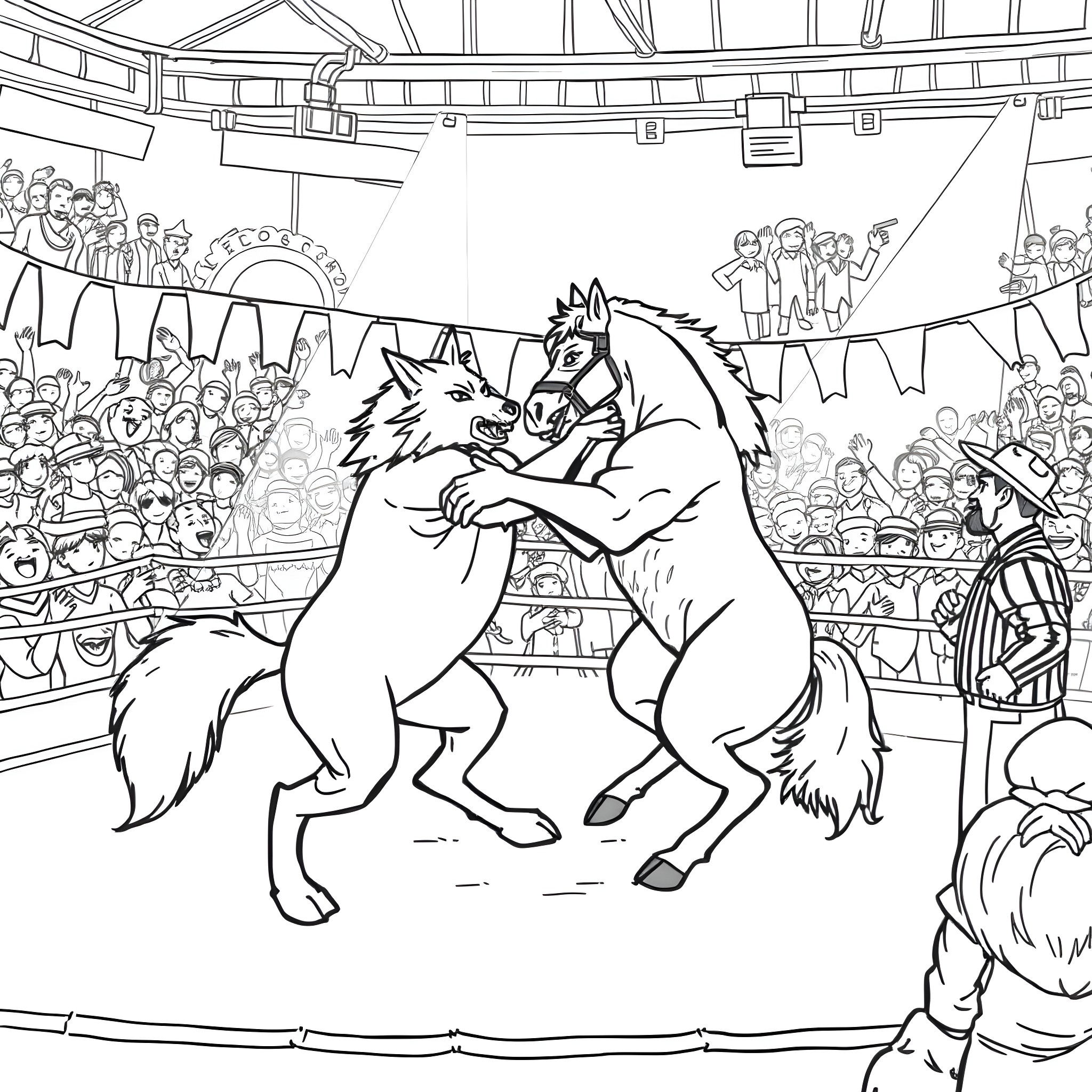 Wolf engaged in a fierce battle in the arena Coloring Page (free black-and-white line drawing printable PDF for all, from beginners to advanced learners, including children, teens, adults, and seniors)