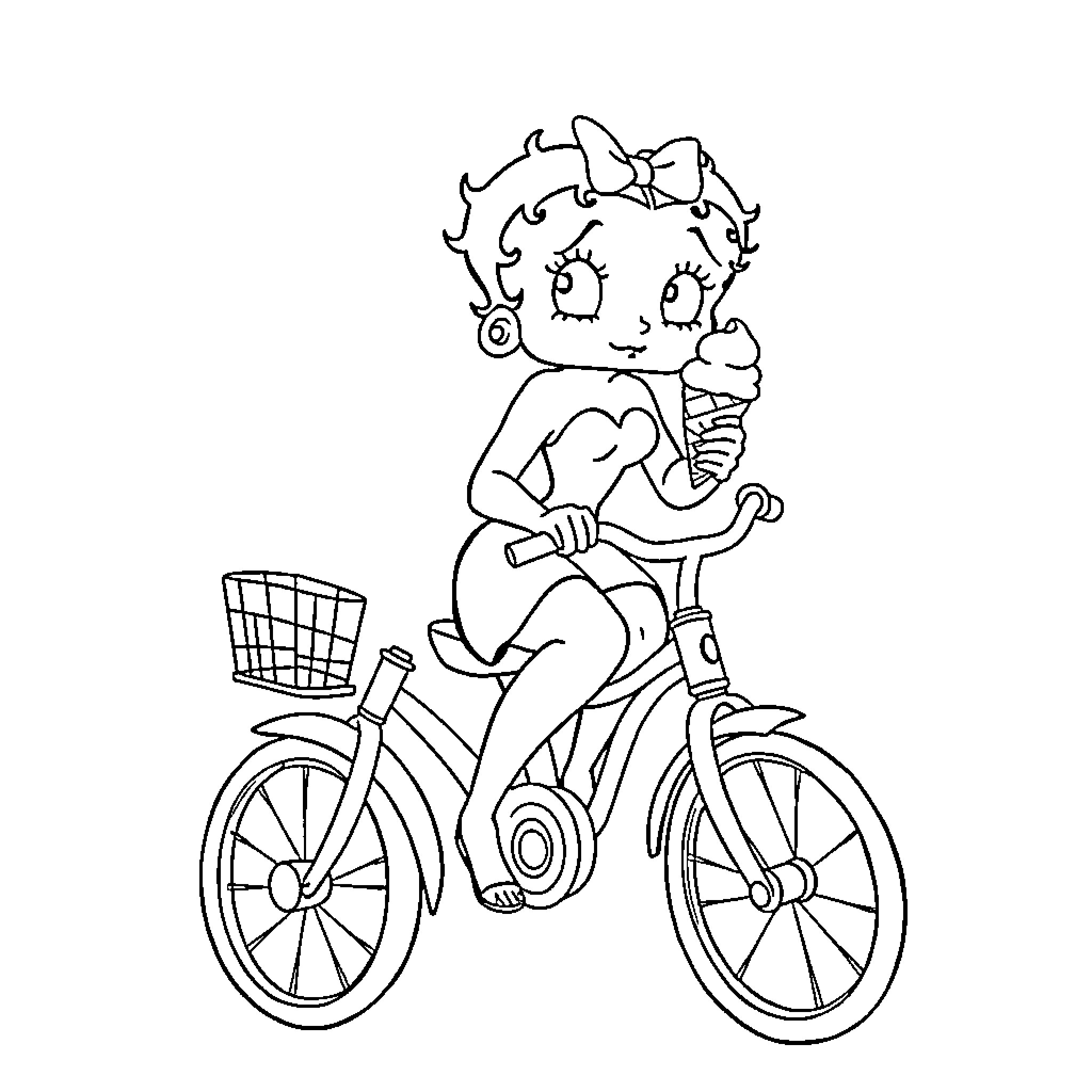 Betty Boop riding a bicycle with a basket Coloring Page (free black-and-white line drawing printable PDF for all, from beginners to advanced learners, including children, teens, adults, and seniors)