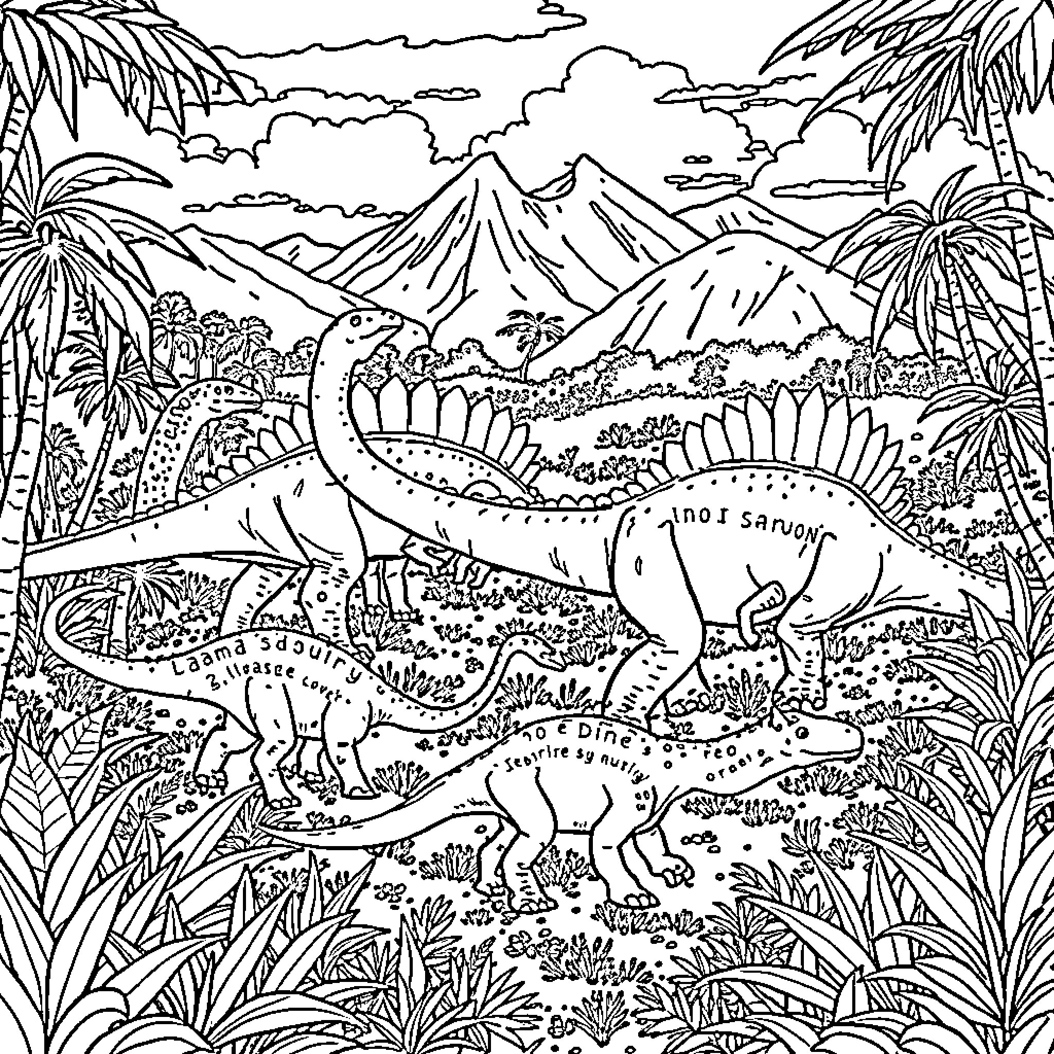 Dinosaurs roaming through lush prehistoric landscape Coloring Page (free black-and-white line drawing printable PDF for all, from beginners to advanced learners, including children, teens, adults, and seniors)