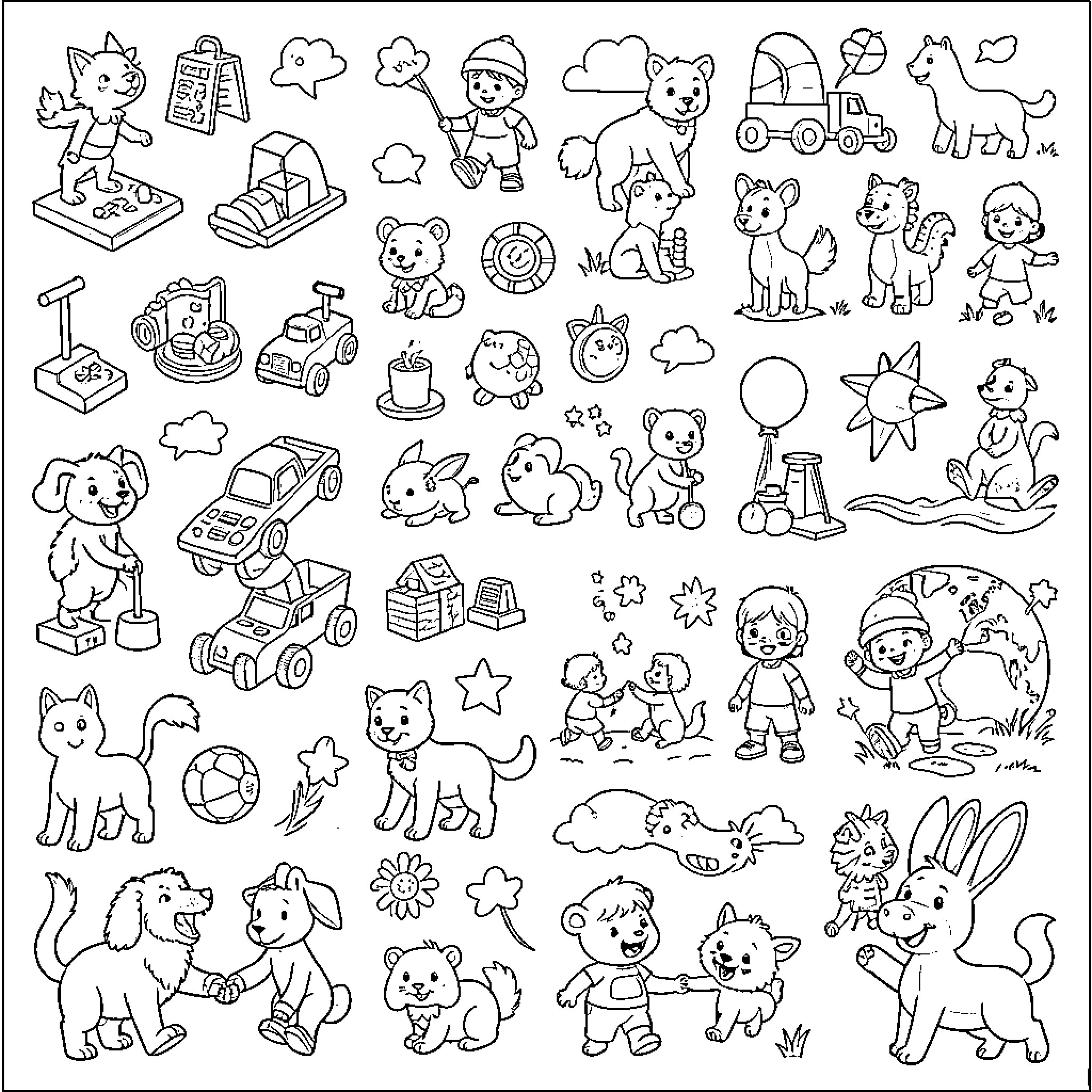 Child Cycle with Toys, Pets, and Outdoor Scenes Coloring Page (free black-and-white line drawing printable PDF for all, from beginners to advanced learners, including children, teens, adults, and seniors)