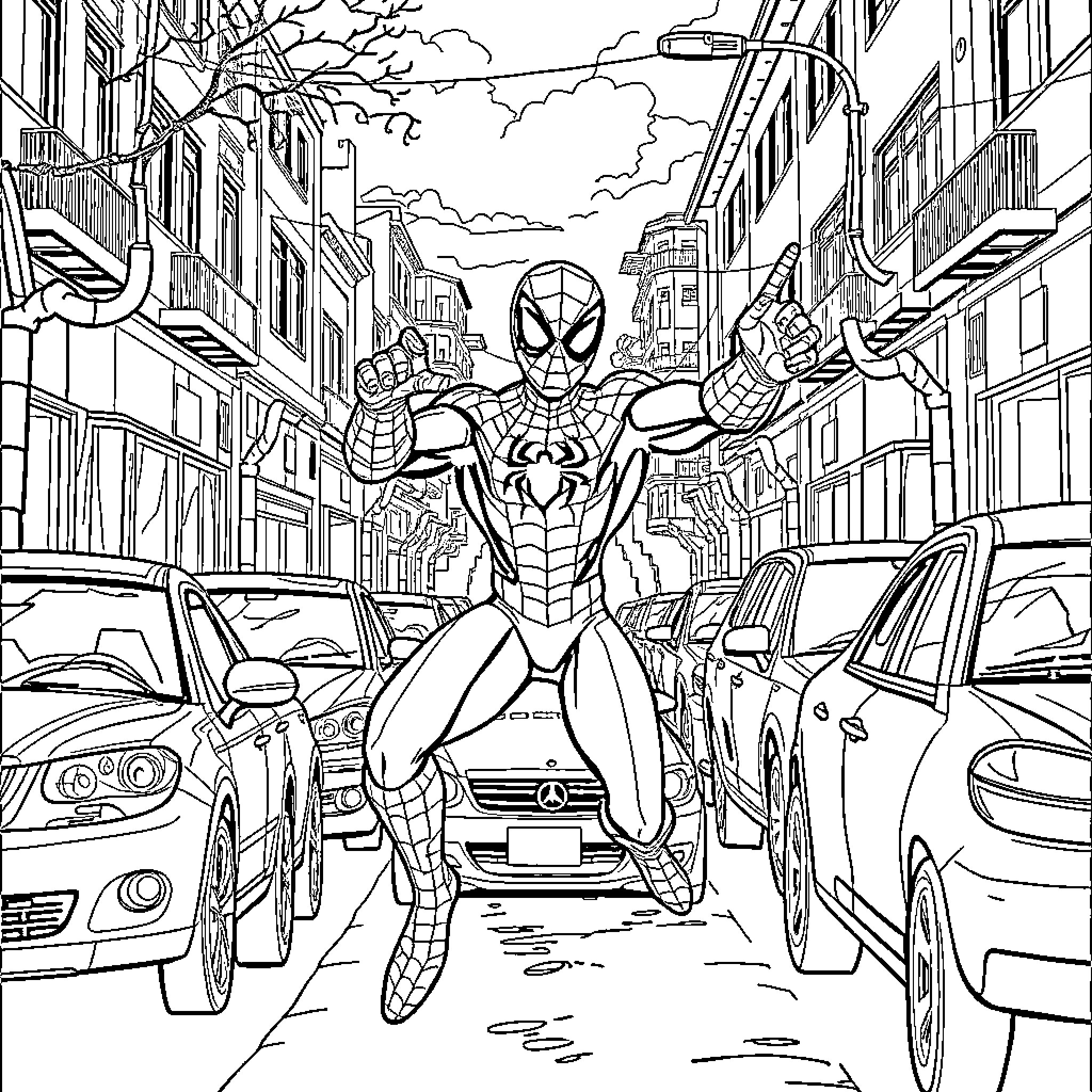 Spider-Man swinging through the city streets Coloring Page (free black-and-white line drawing printable PDF for all, from beginners to advanced learners, including children, teens, adults, and seniors)