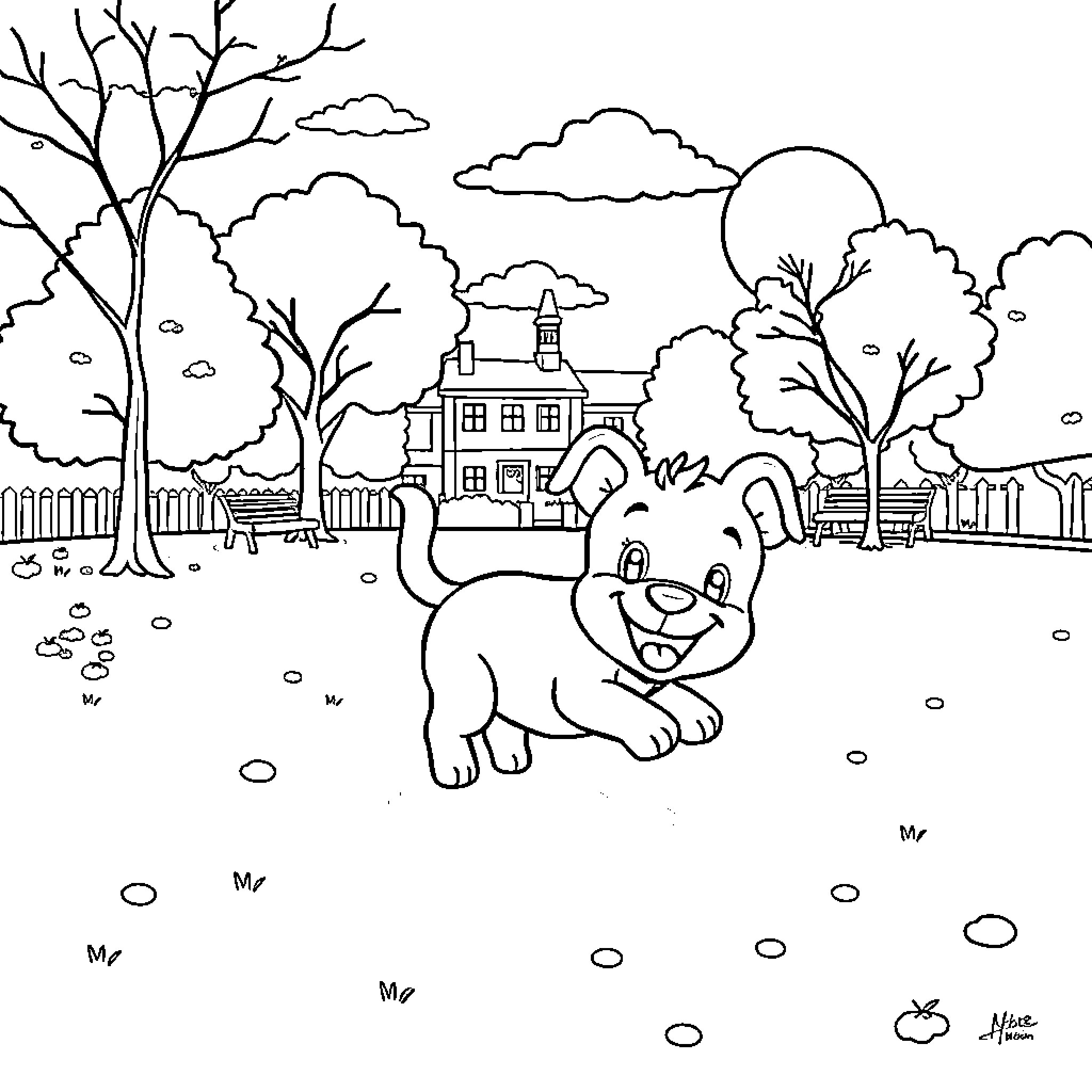 Bluey playing cheerfully in an idyllic town landscape Coloring Page (free black-and-white line drawing printable PDF for all, from beginners to advanced learners, including children, teens, adults, and seniors)